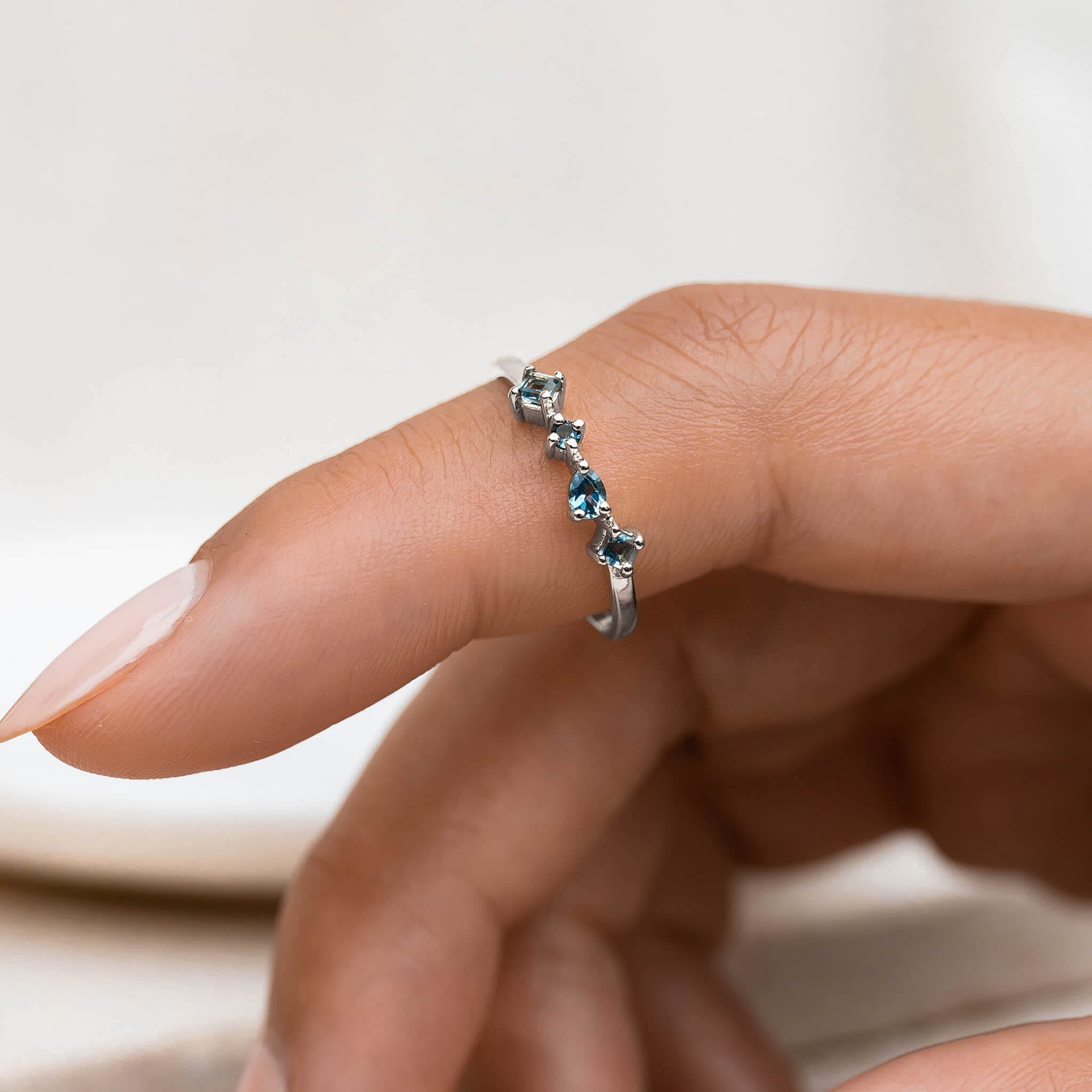 14K White Gold Asymmetric Blue Topaz Gemstone Ring