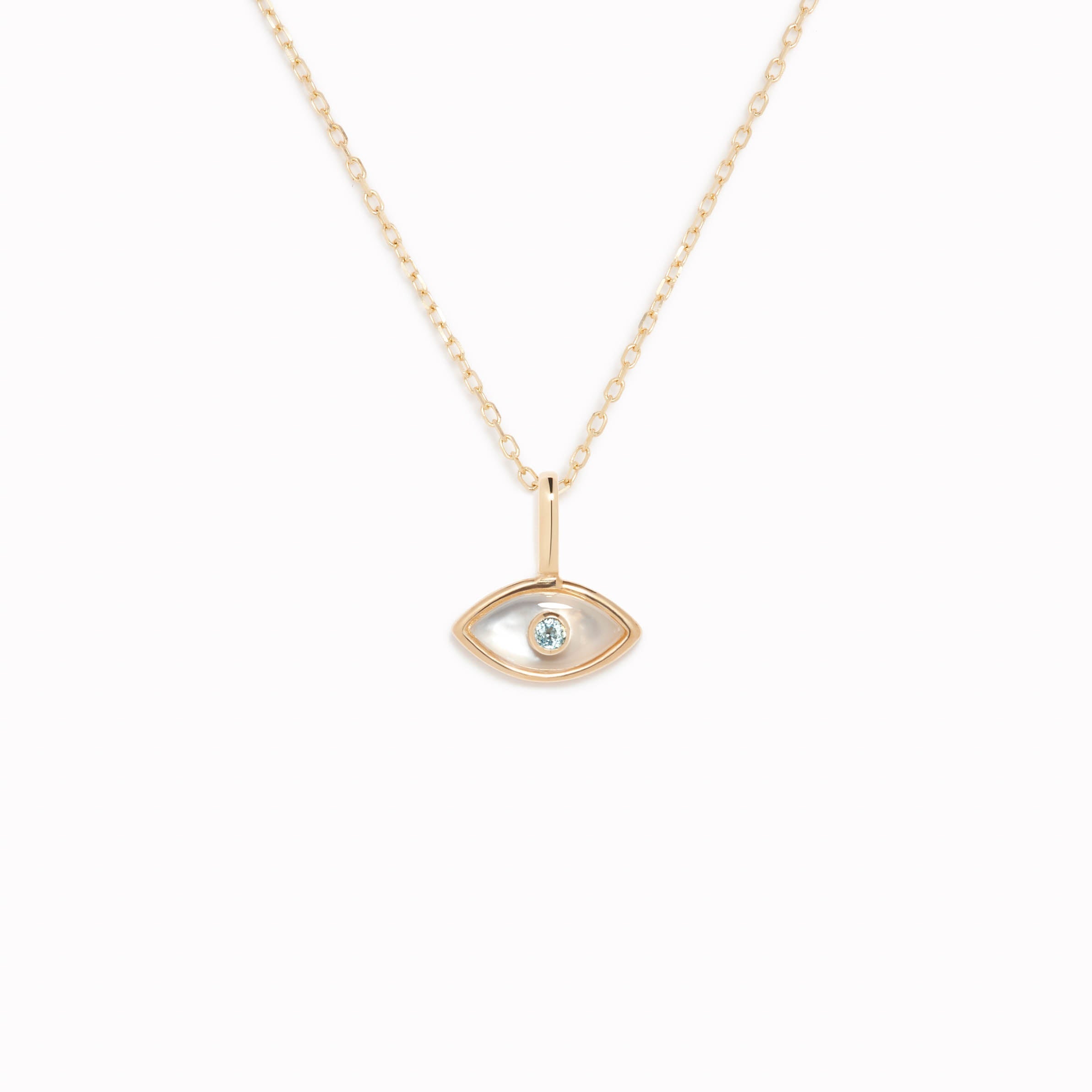 14K Gold Evil Eye Charm Pendant - Blue Topaz & Mother of Pearl