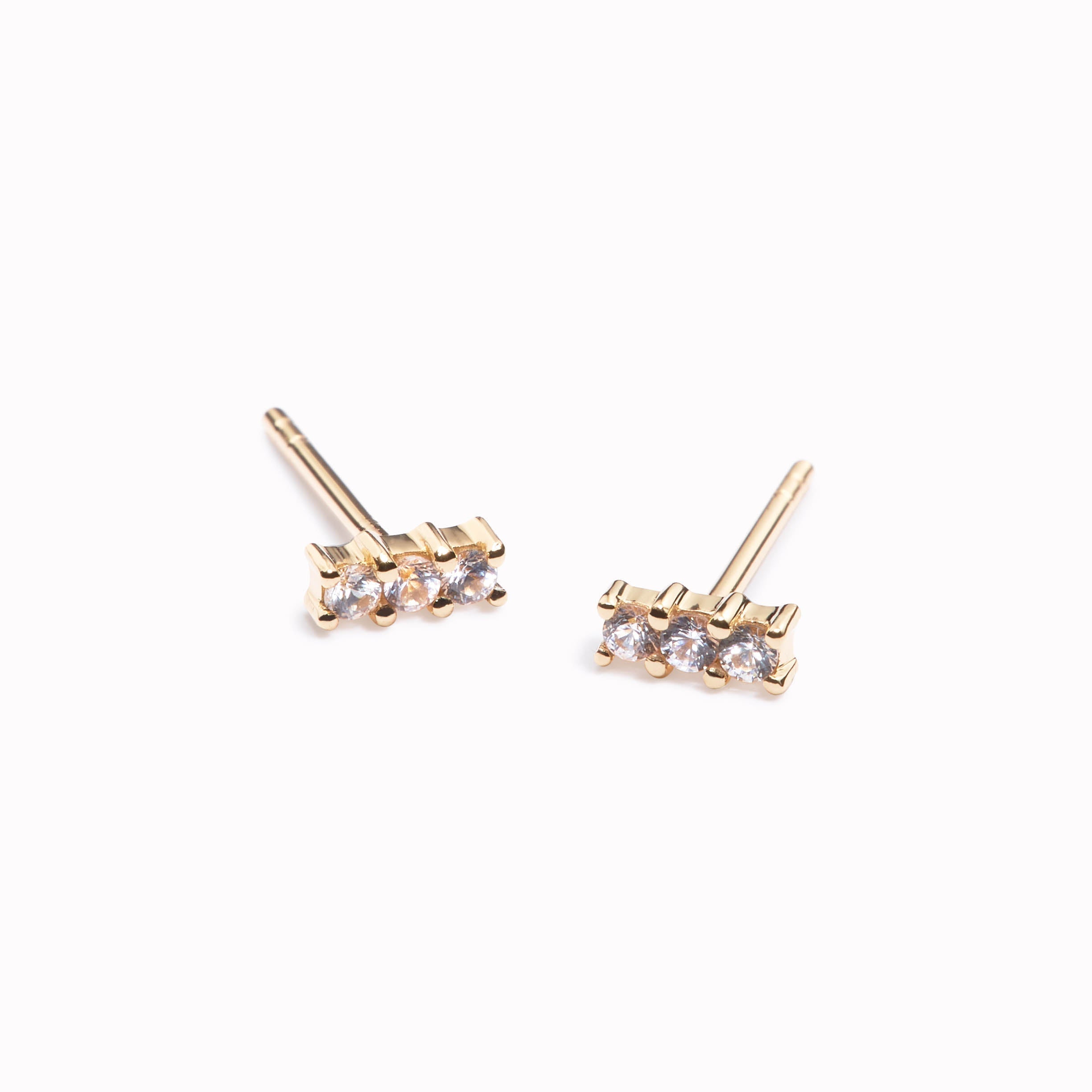 14K Gold White Sapphire Bar Stud Earrings - 4.5mm (3x1.5mm Sapphires)