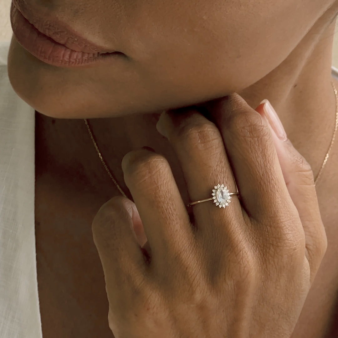 14K Gold Oval Rainbow Moonstone Diamond Halo Ring