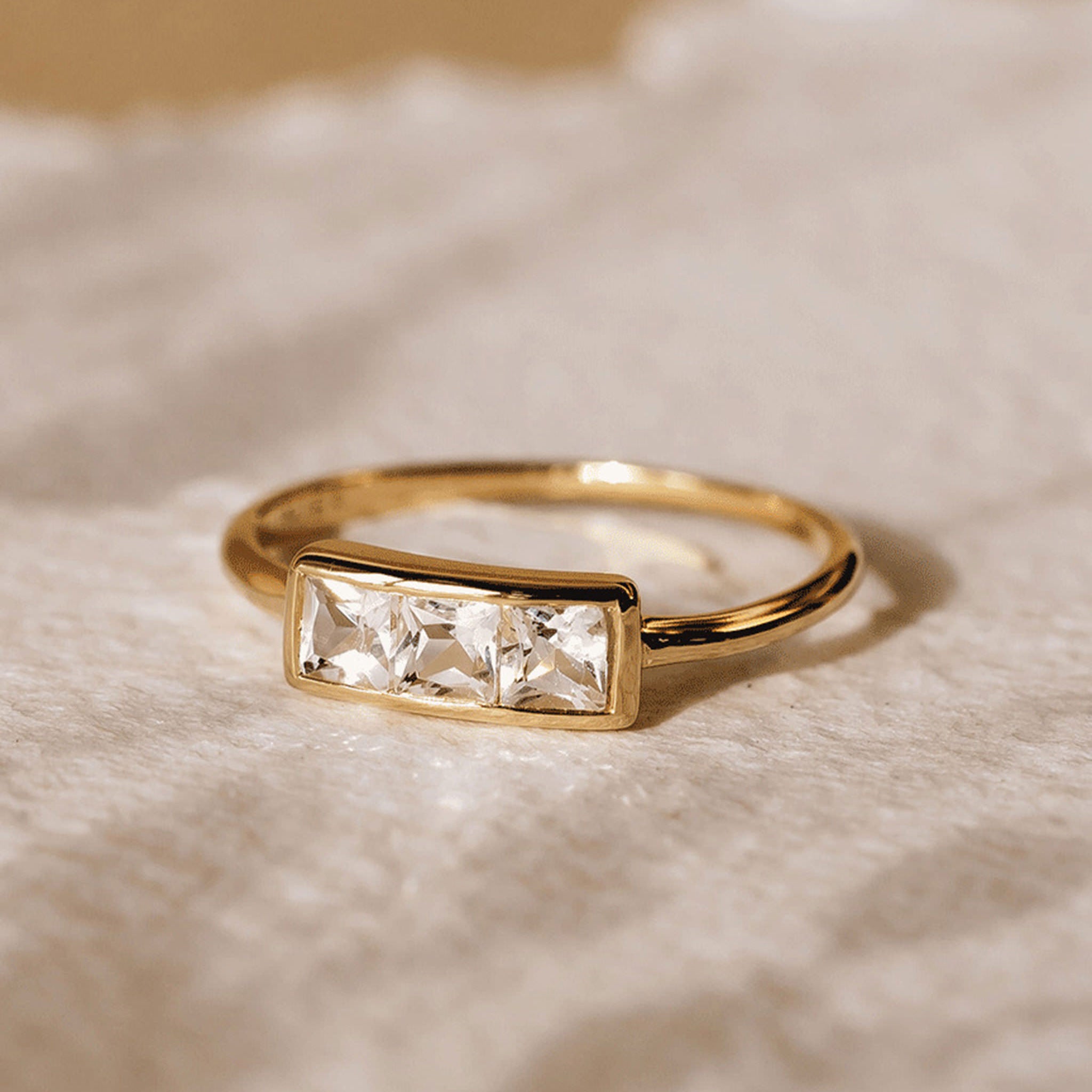 14K Gold Triple Square White Topaz Stacking Ring