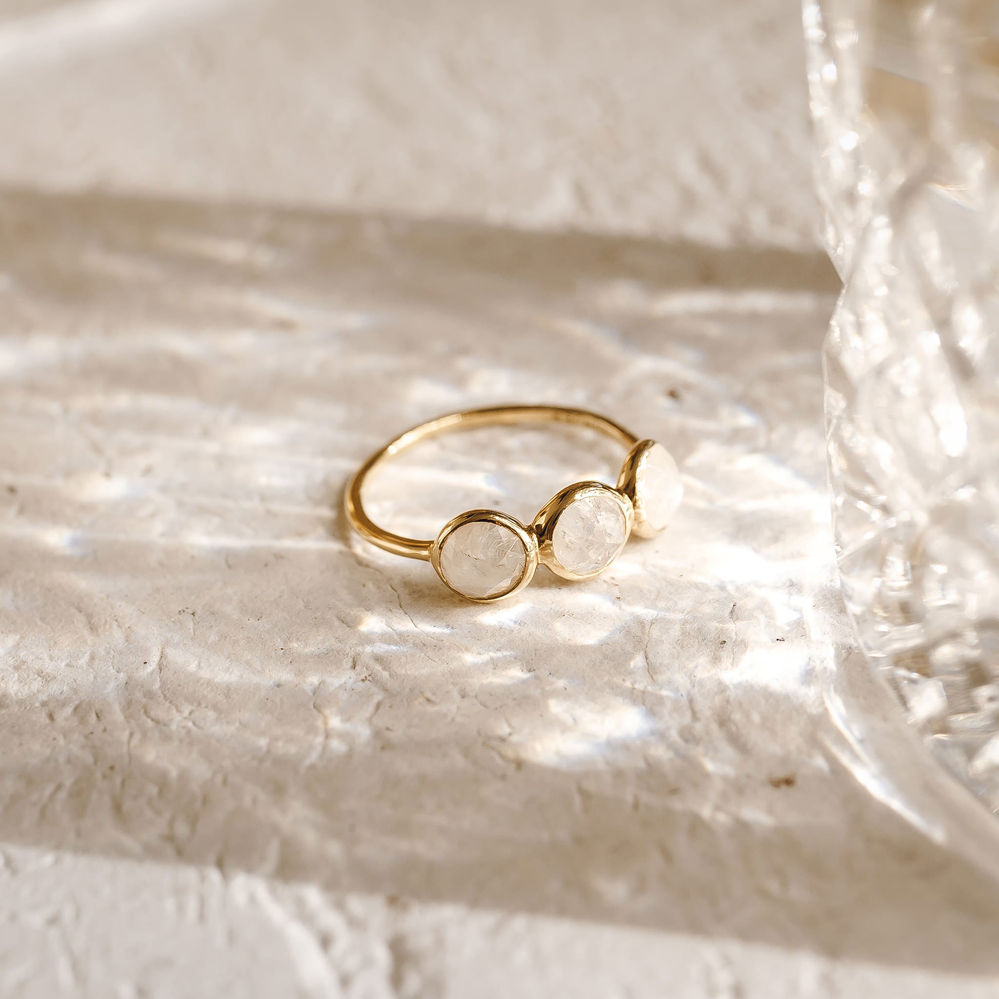 14K Gold Triple Rainbow Moonstone Band Ring