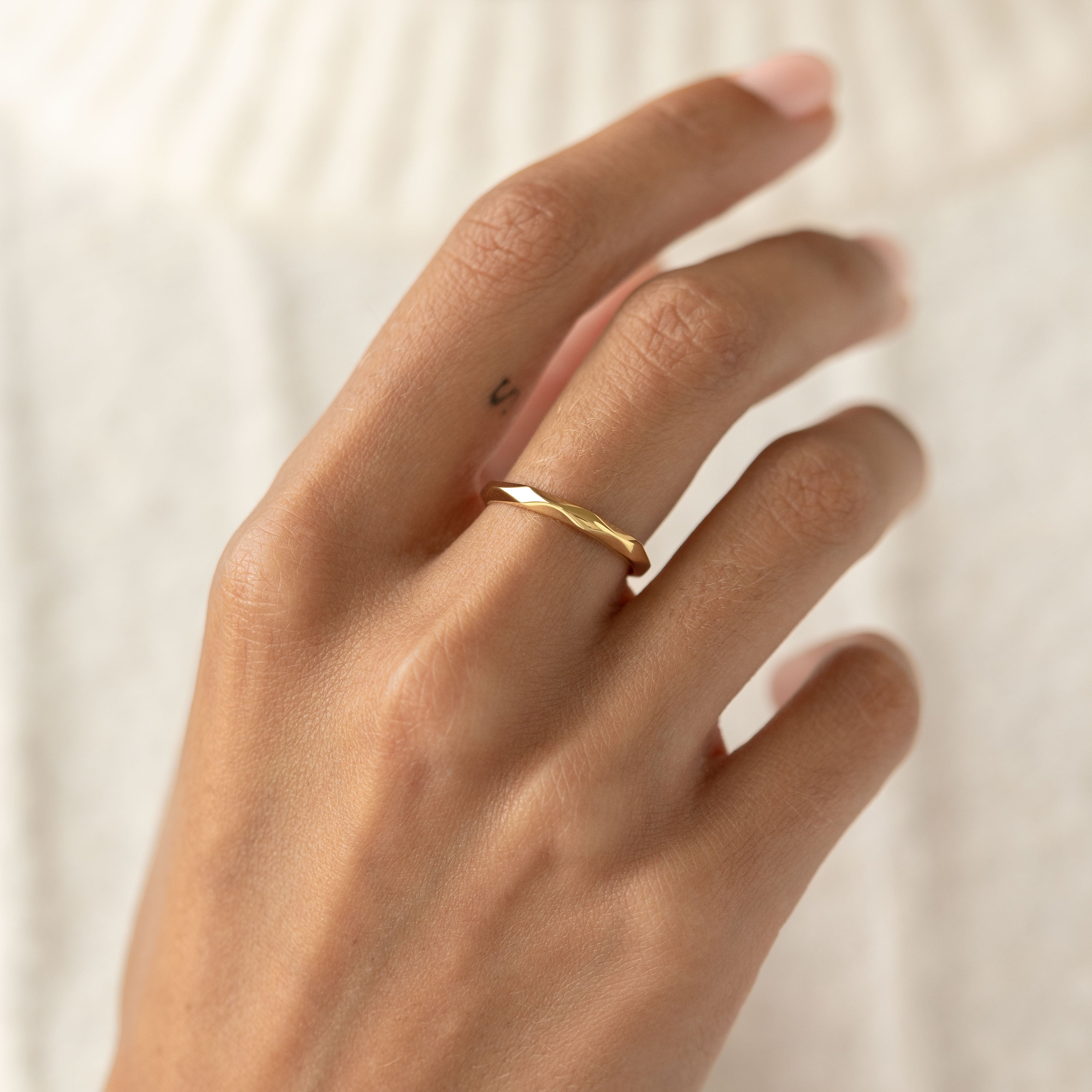 14K Gold Faceted Geometric Wide Band Ring