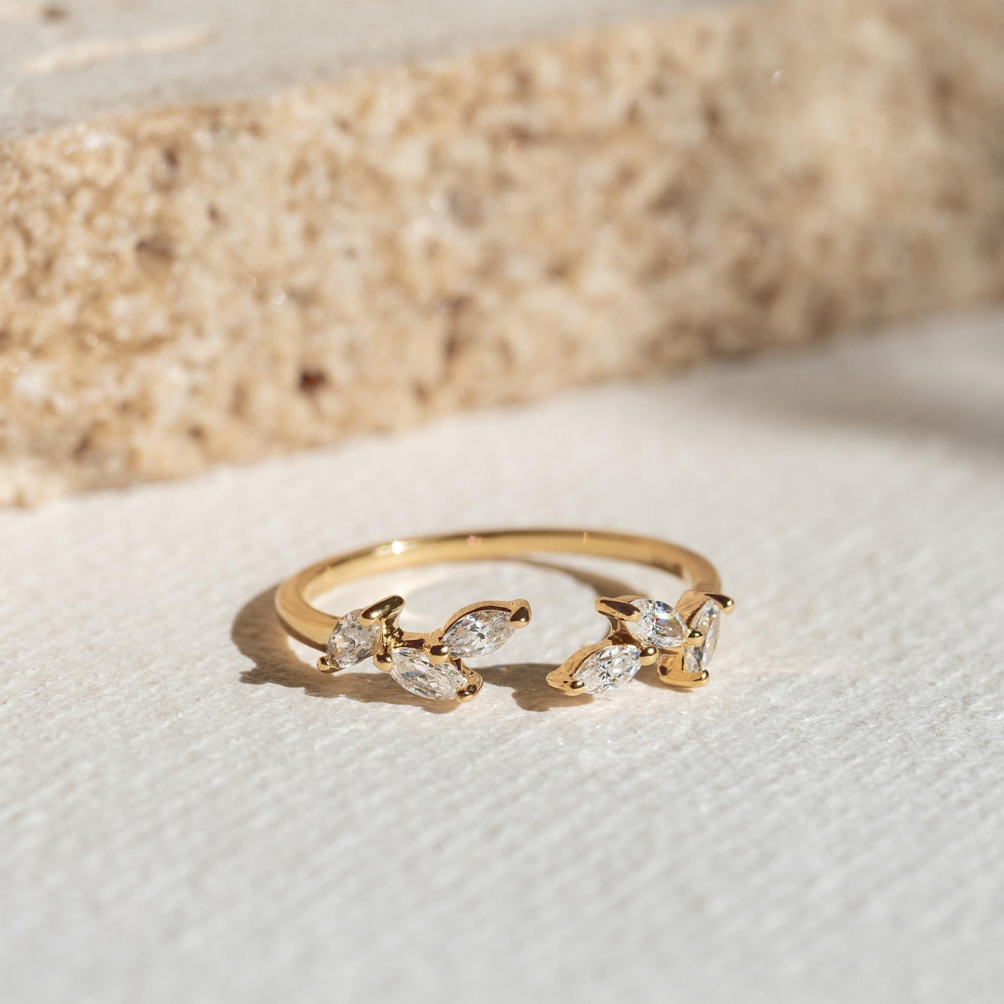 14K Gold Marquise Cubic Zirconia Laurel Open Ring