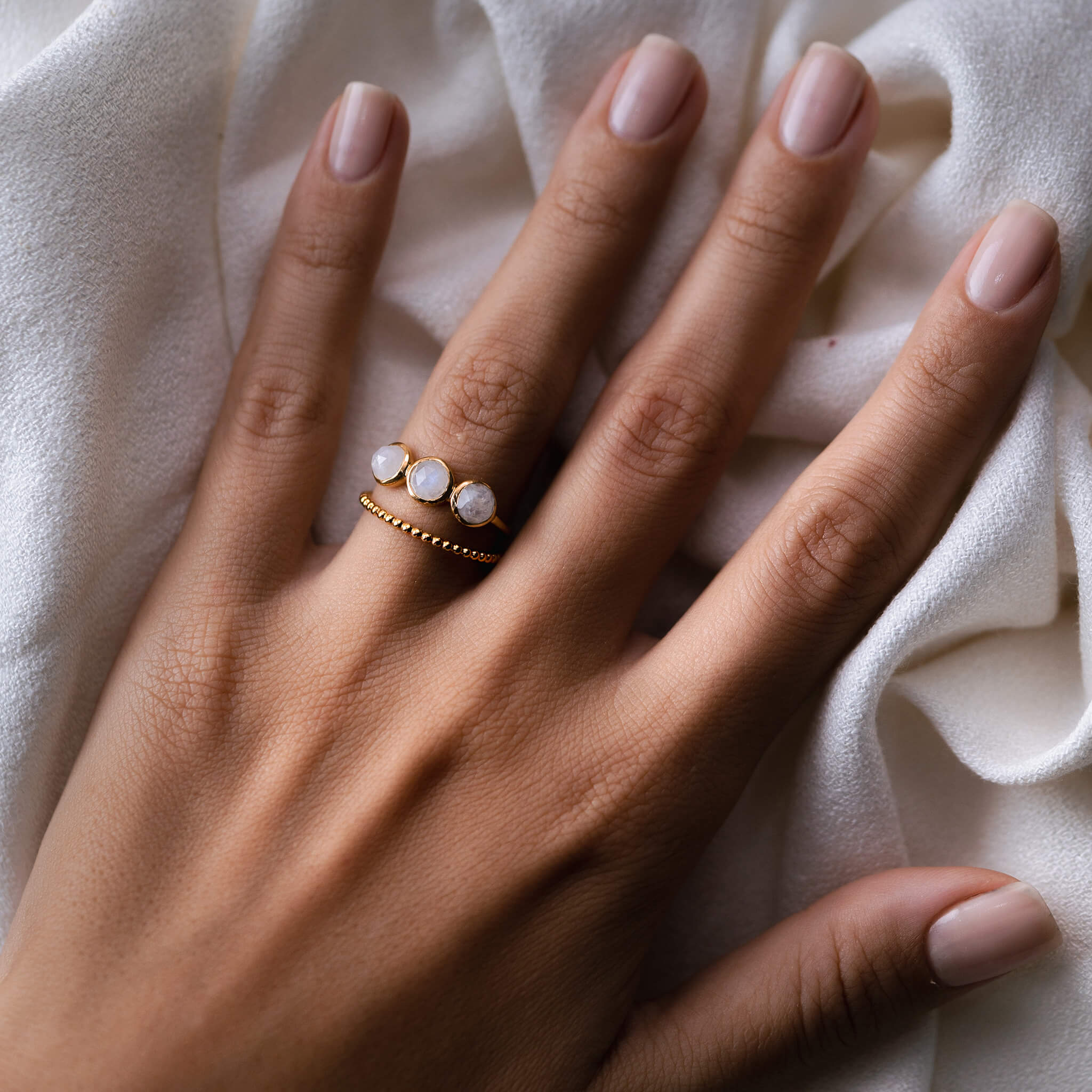 14K Gold Triple Rainbow Moonstone Band Ring