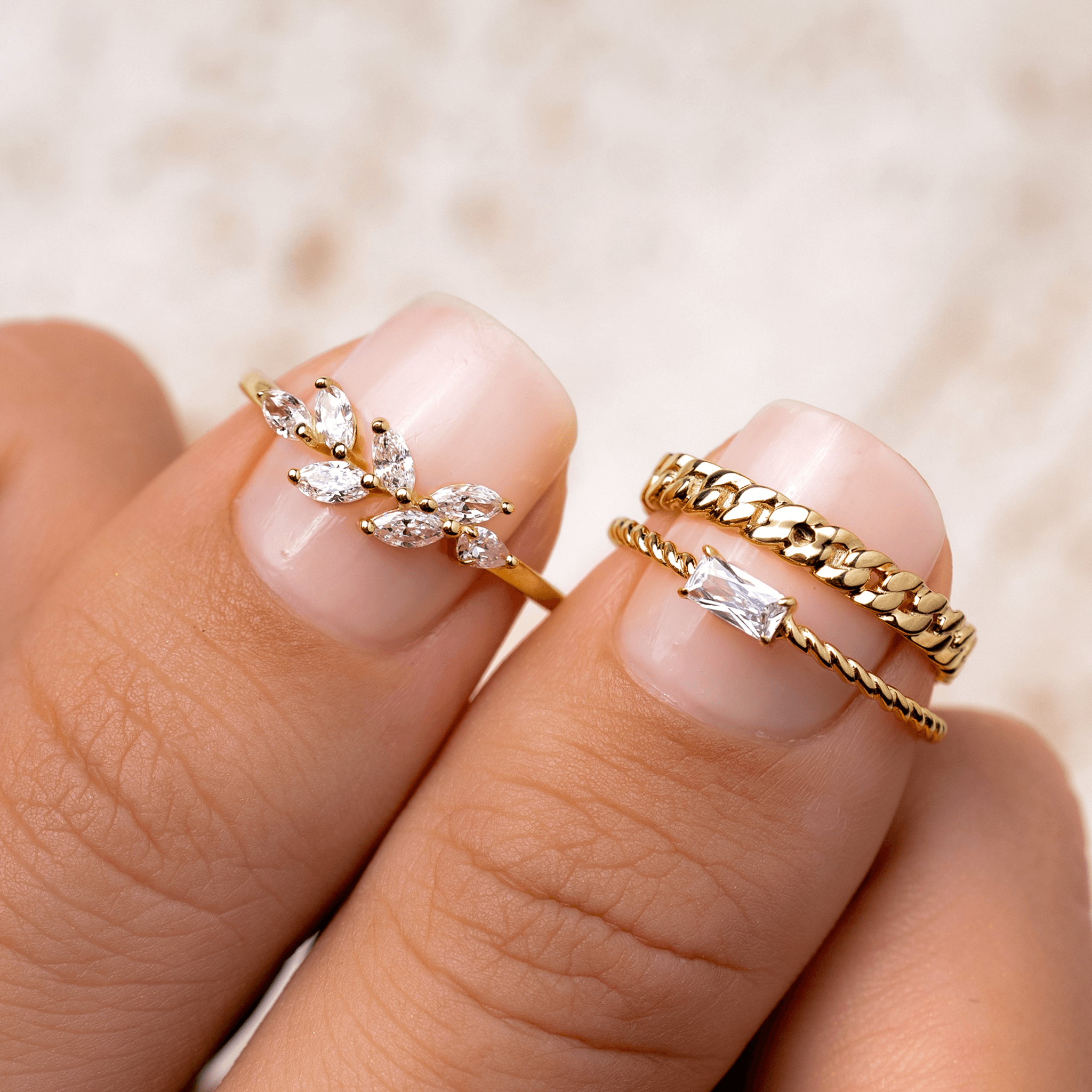 14K Gold Twisted Baguette Cubic Zirconia Ring