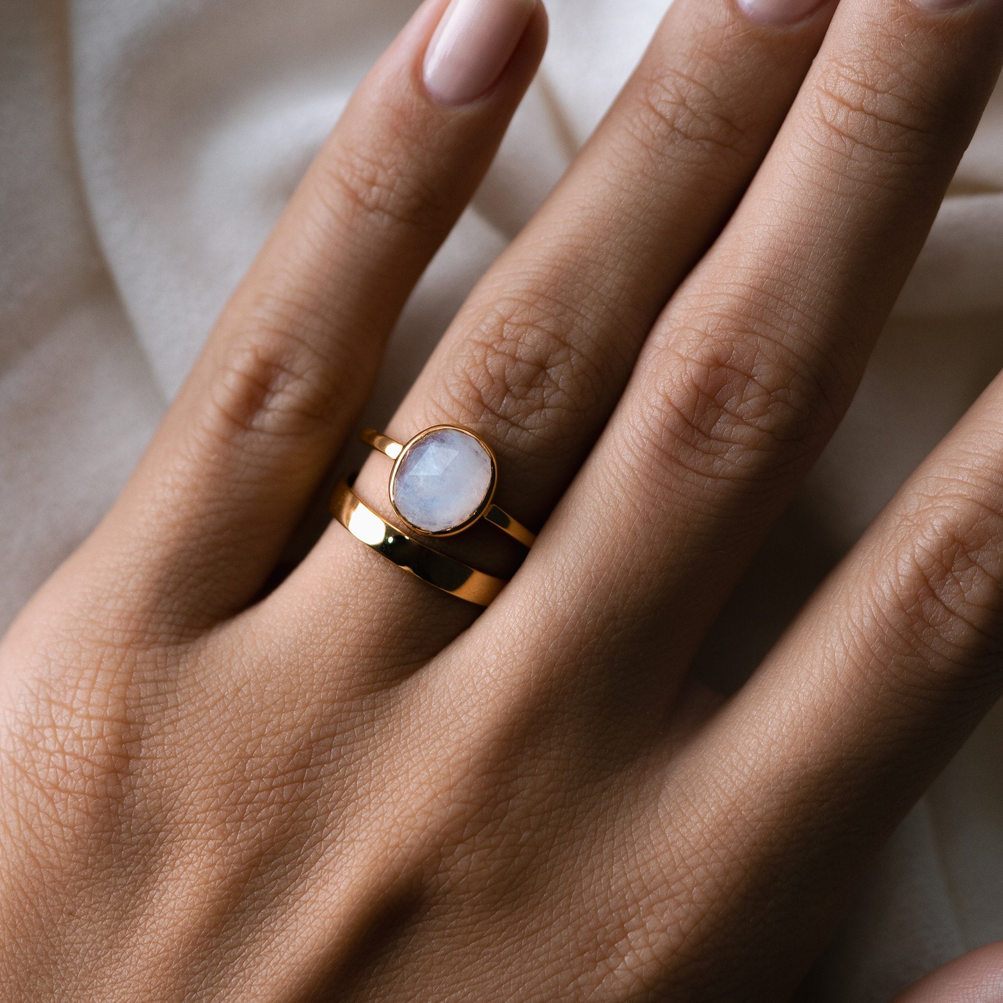 14K Gold Rainbow Moonstone Statement Ring
