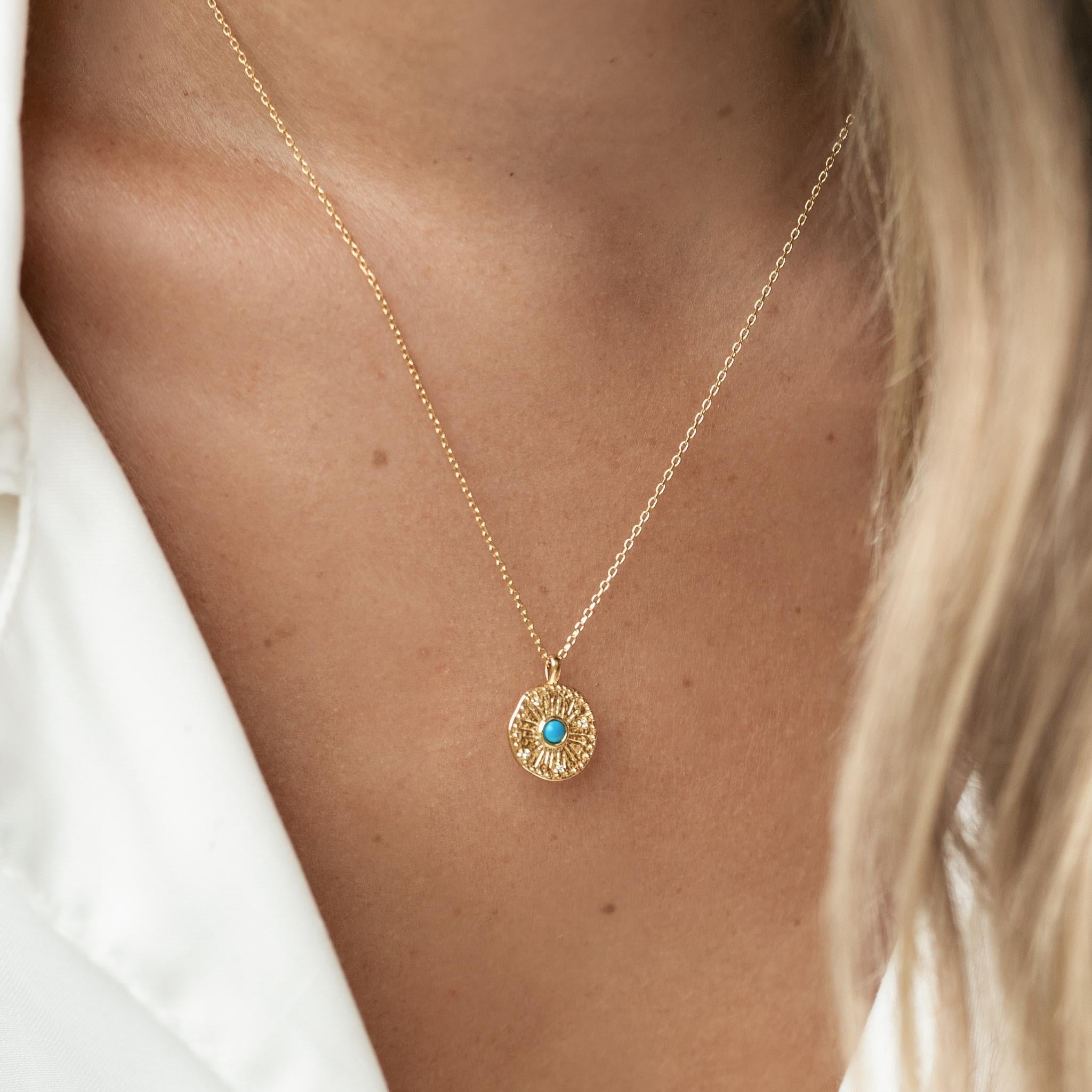 14K Gold Turquoise Coin Pendant Necklace