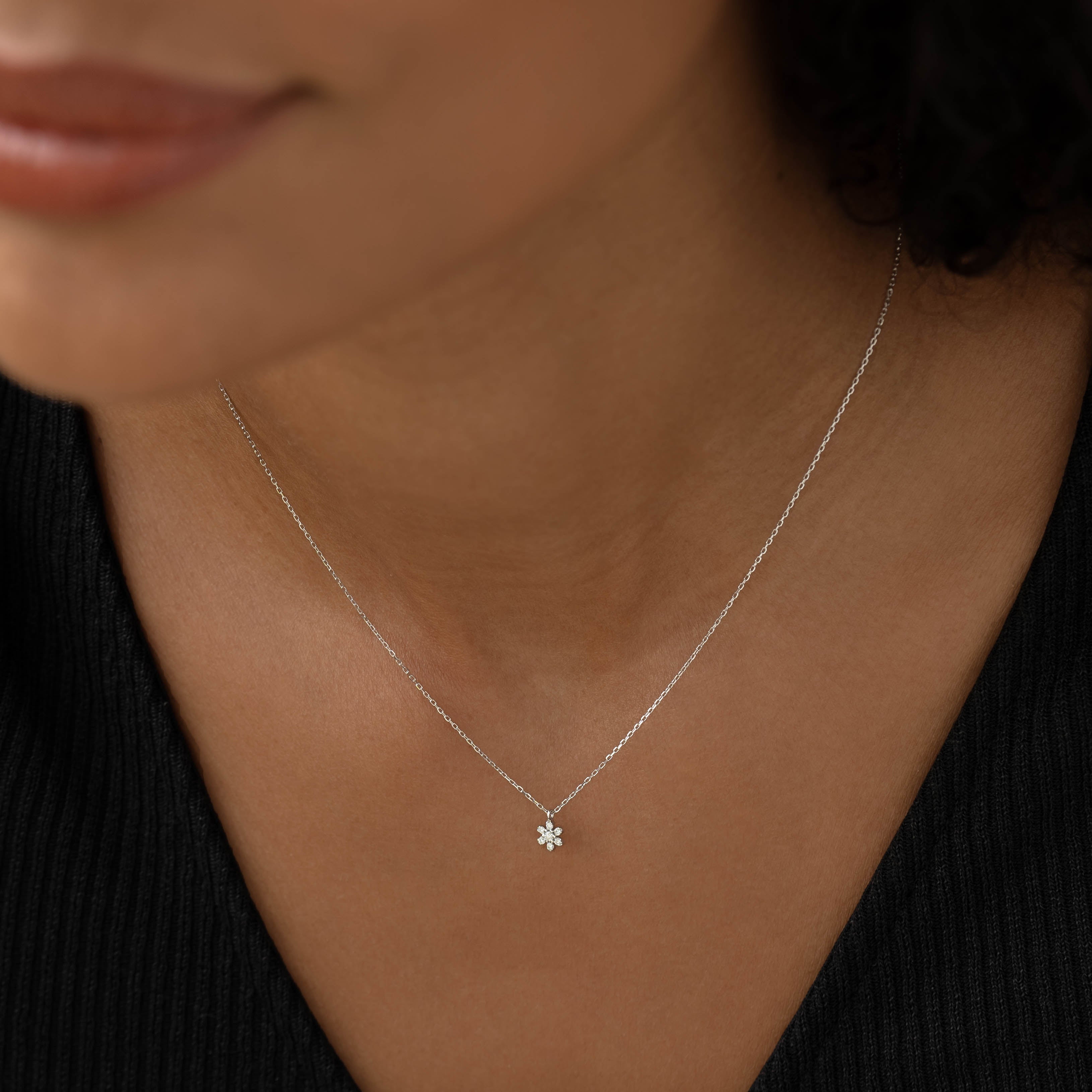 14K White Gold Floral Diamond Pendant Necklace