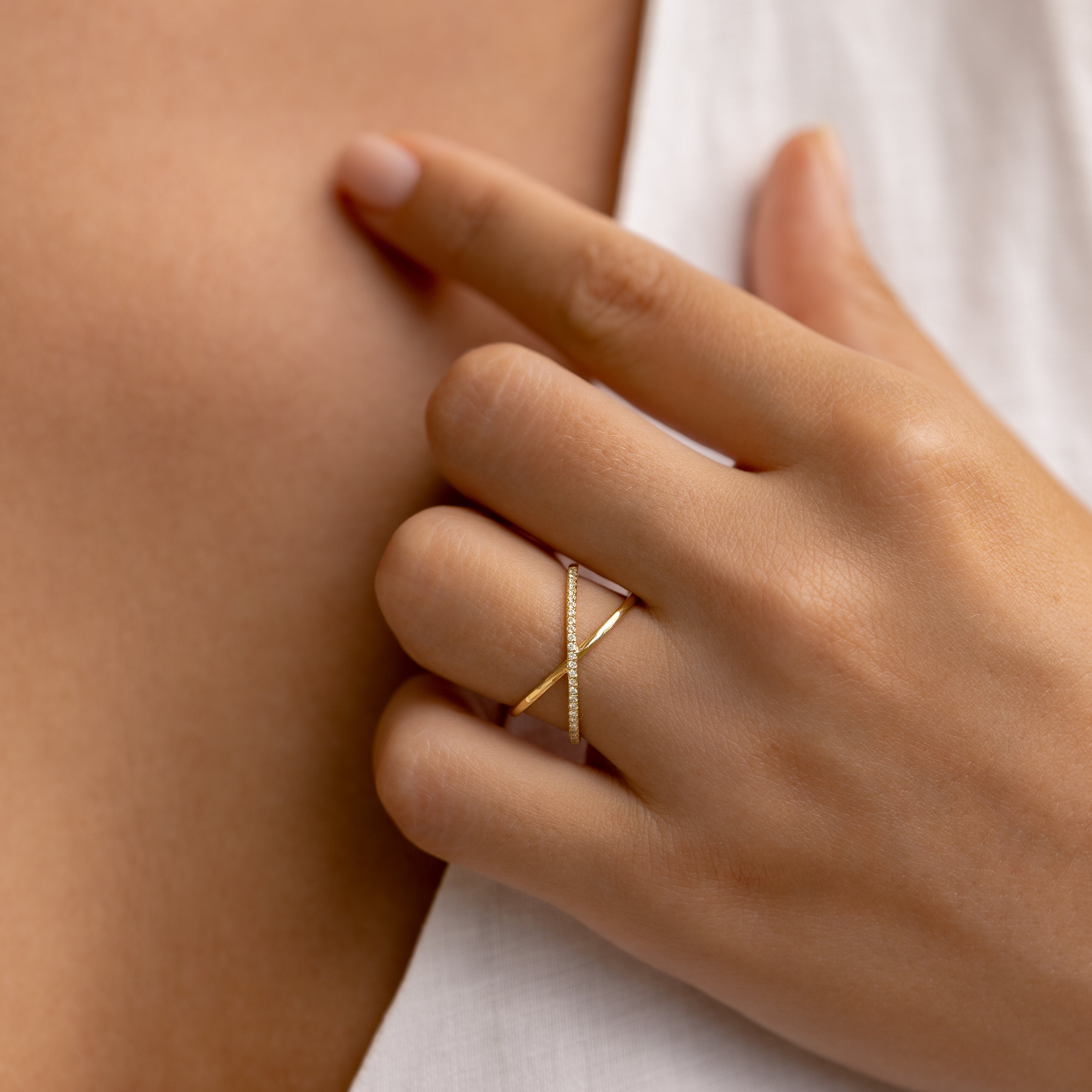 14K Gold Criss-Cross Half Eternity Diamond Ring
