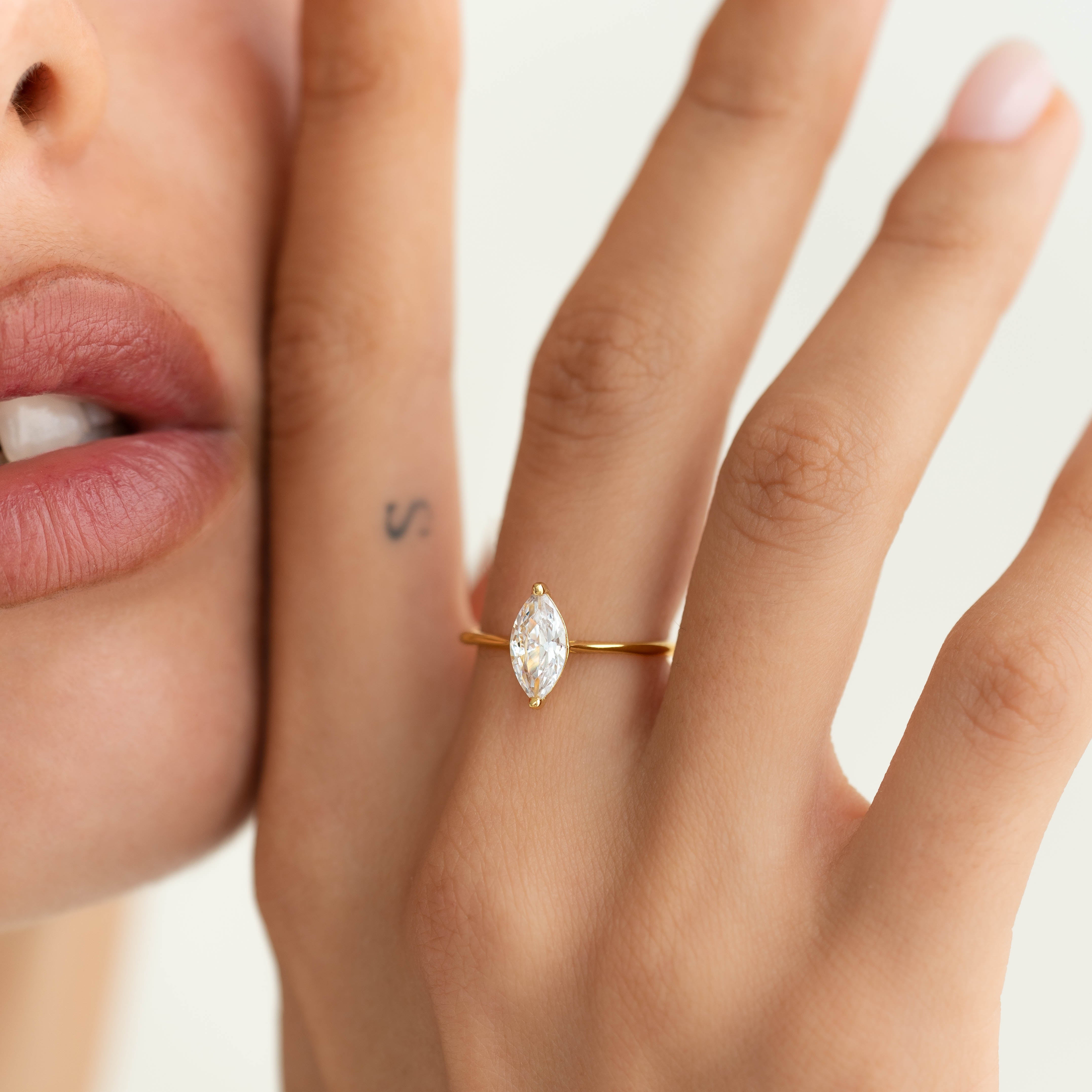 14K Gold Marquise Cubic Zirconia Statement Ring