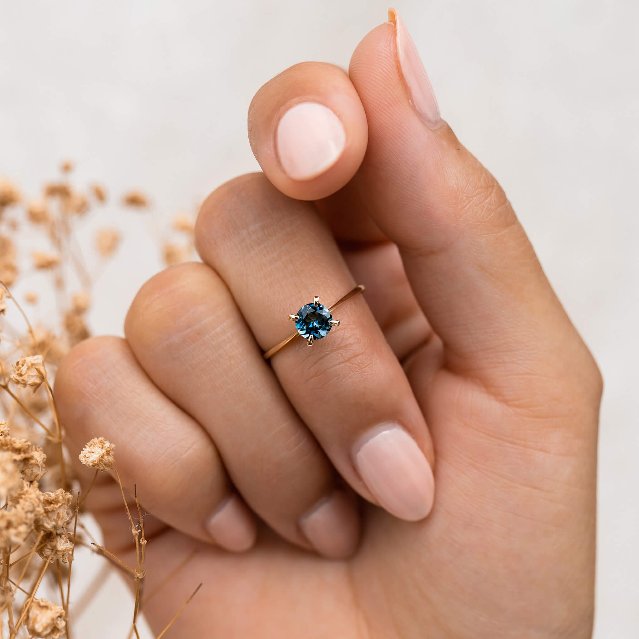 14K Gold Round London Blue Topaz Solitaire Ring