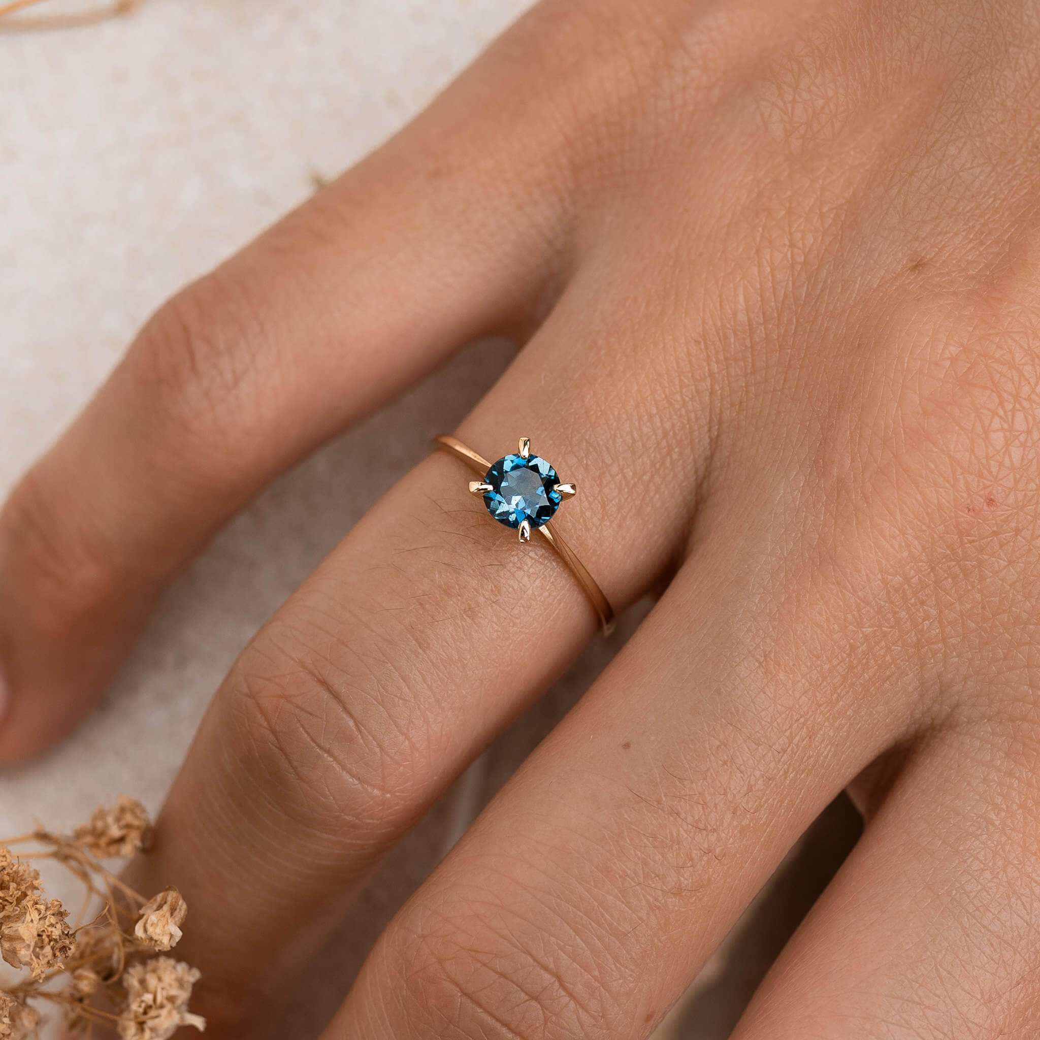 14K Gold Round London Blue Topaz Solitaire Ring