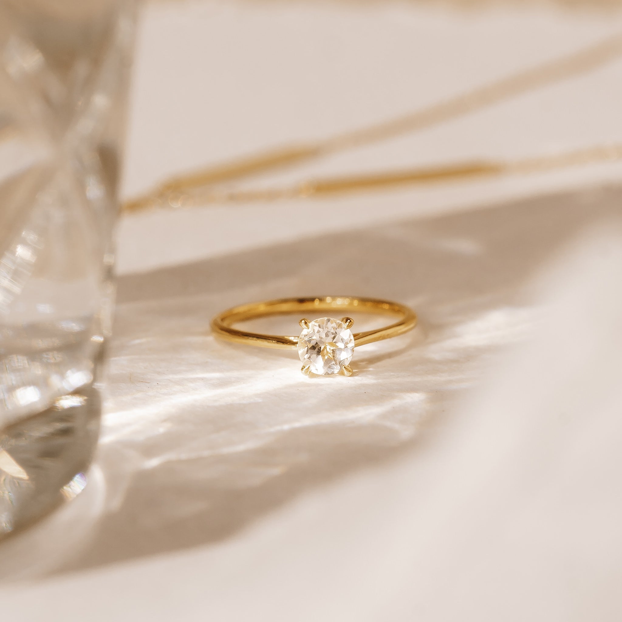 14K Gold Round White Topaz Solitaire Ring