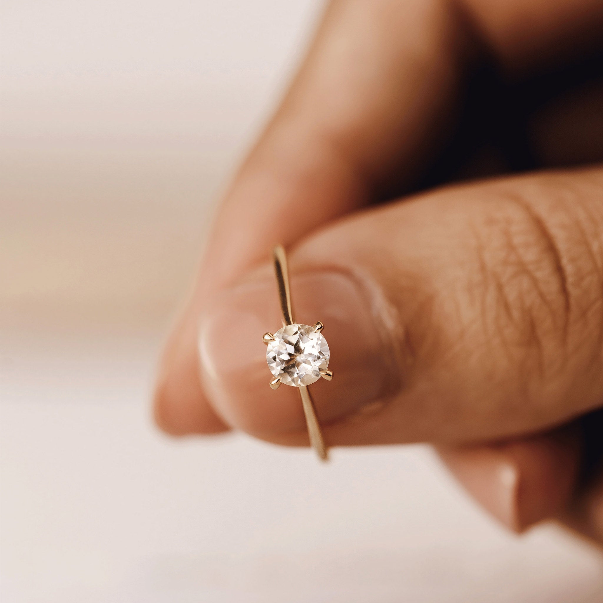 14K Gold Round White Topaz Solitaire Ring