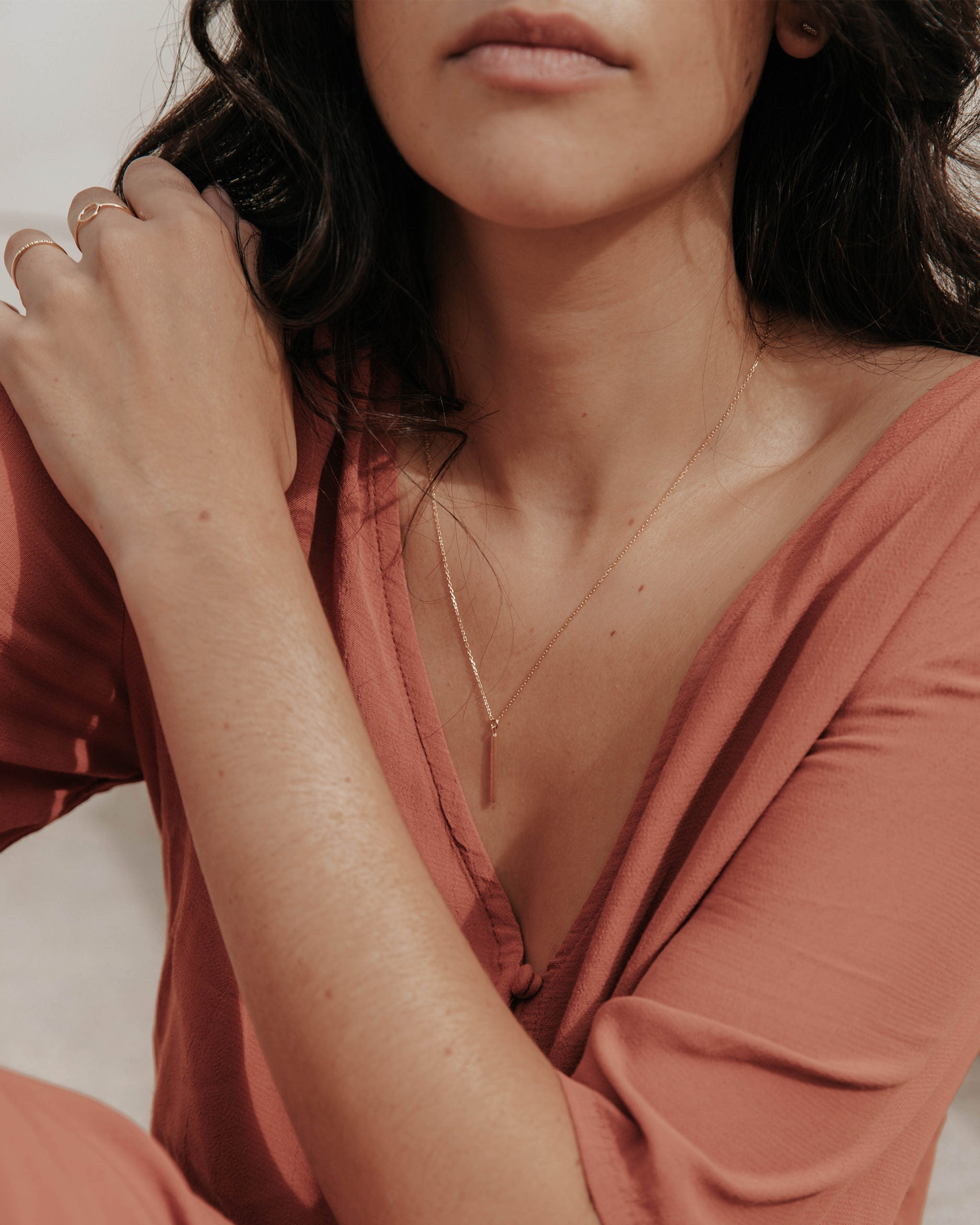 14K Gold Slim Bar Pendant Necklace