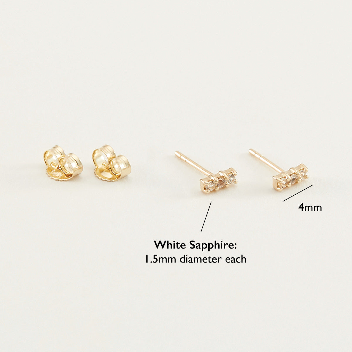 14K Gold White Sapphire Bar Stud Earrings - 4.5mm (3x1.5mm Sapphires)