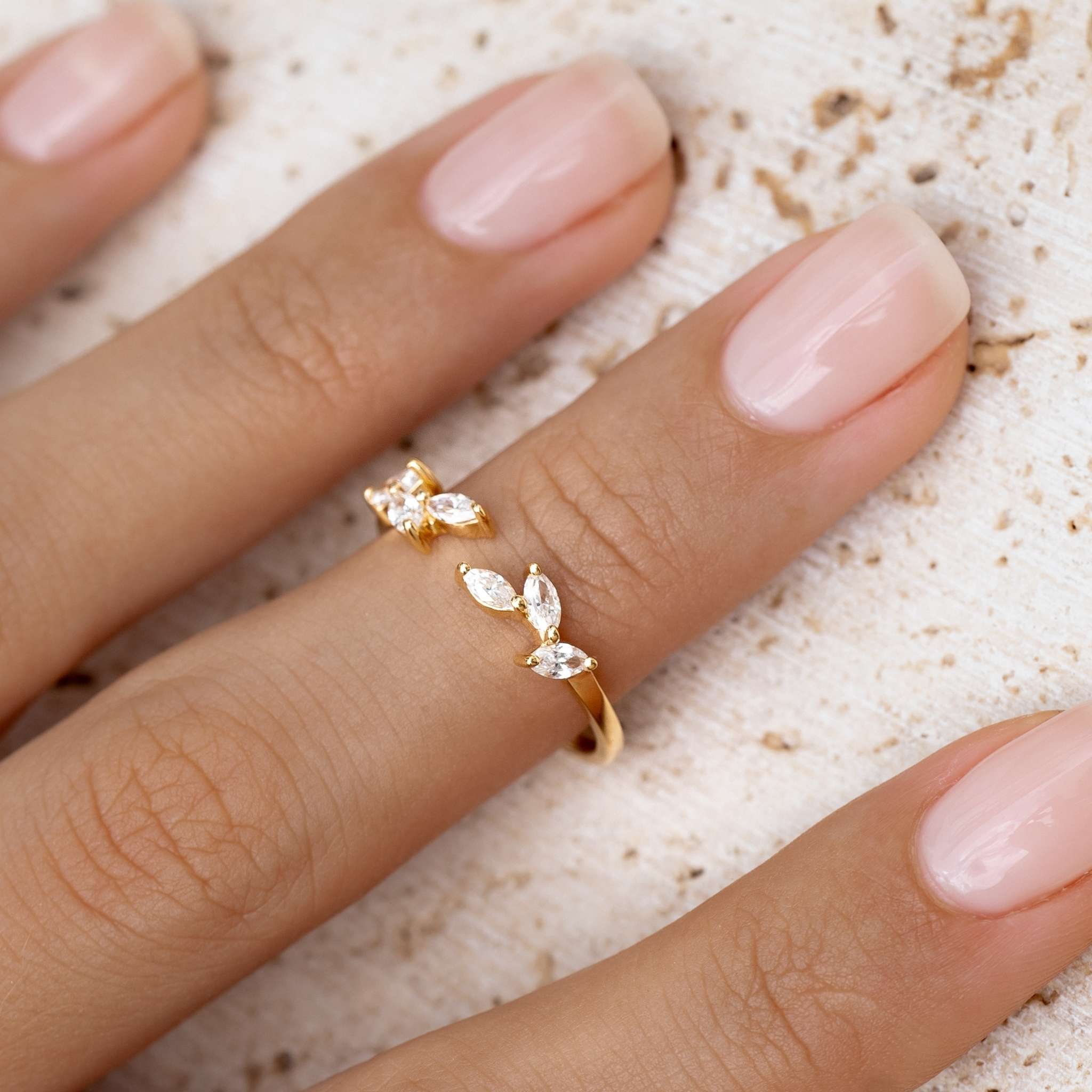 14K Gold Marquise Cubic Zirconia Laurel Open Ring