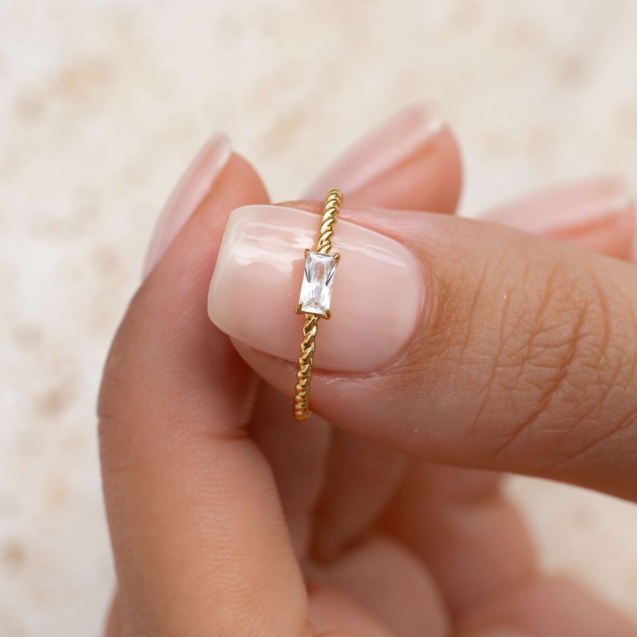 14K Gold Twisted Baguette Cubic Zirconia Ring