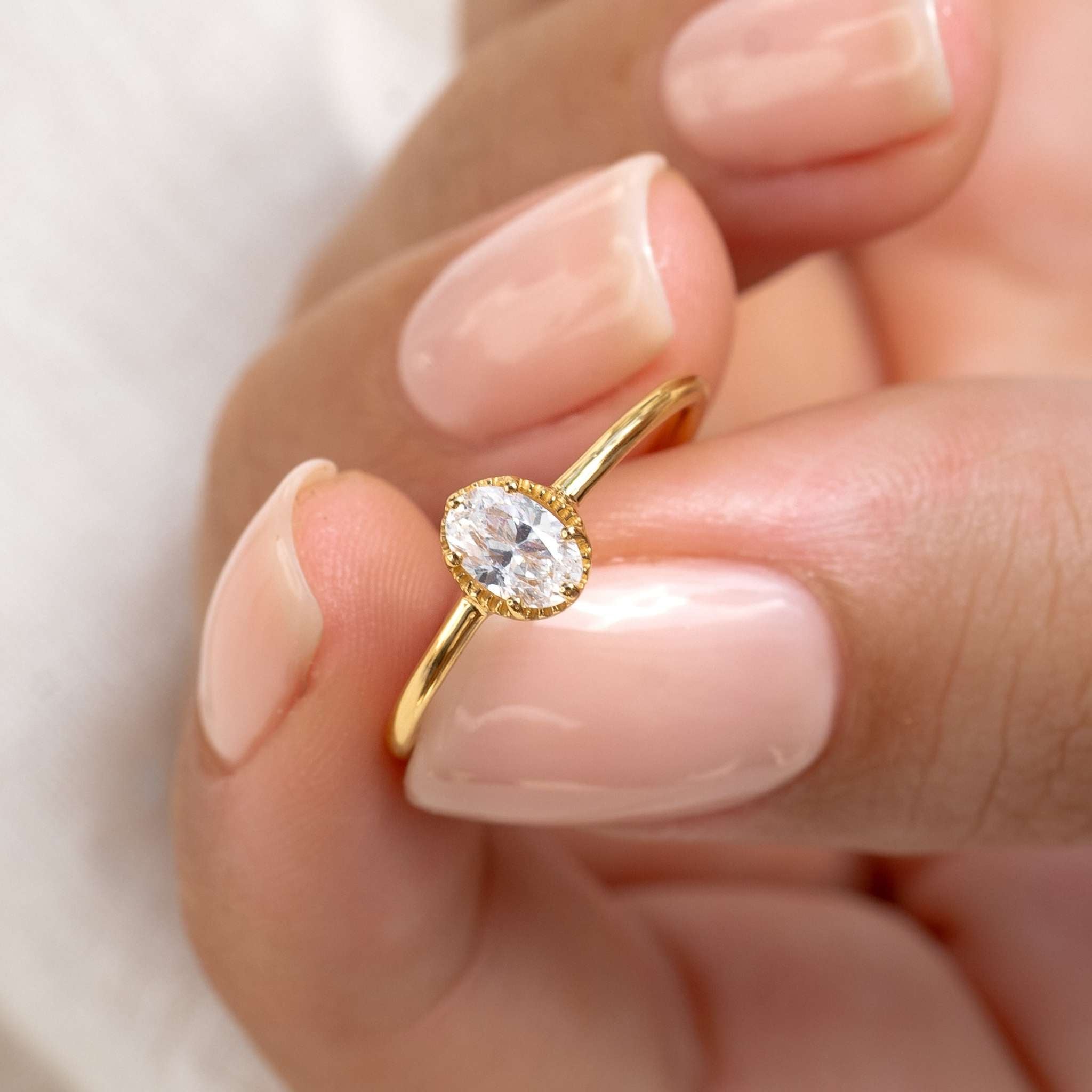 14K Gold Oval Cubic Zirconia Textured Statement Ring