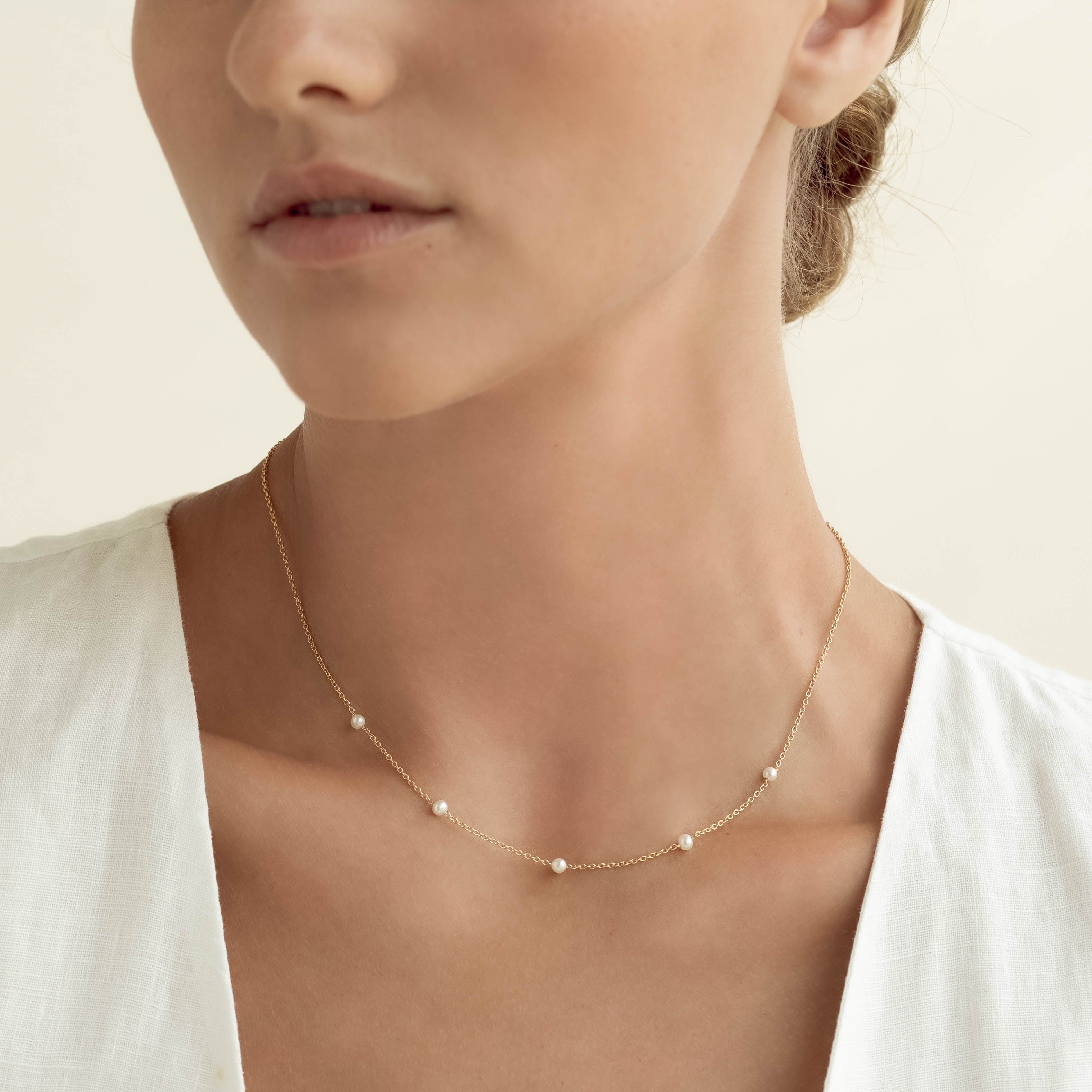 14K Gold Pearl Station Necklace