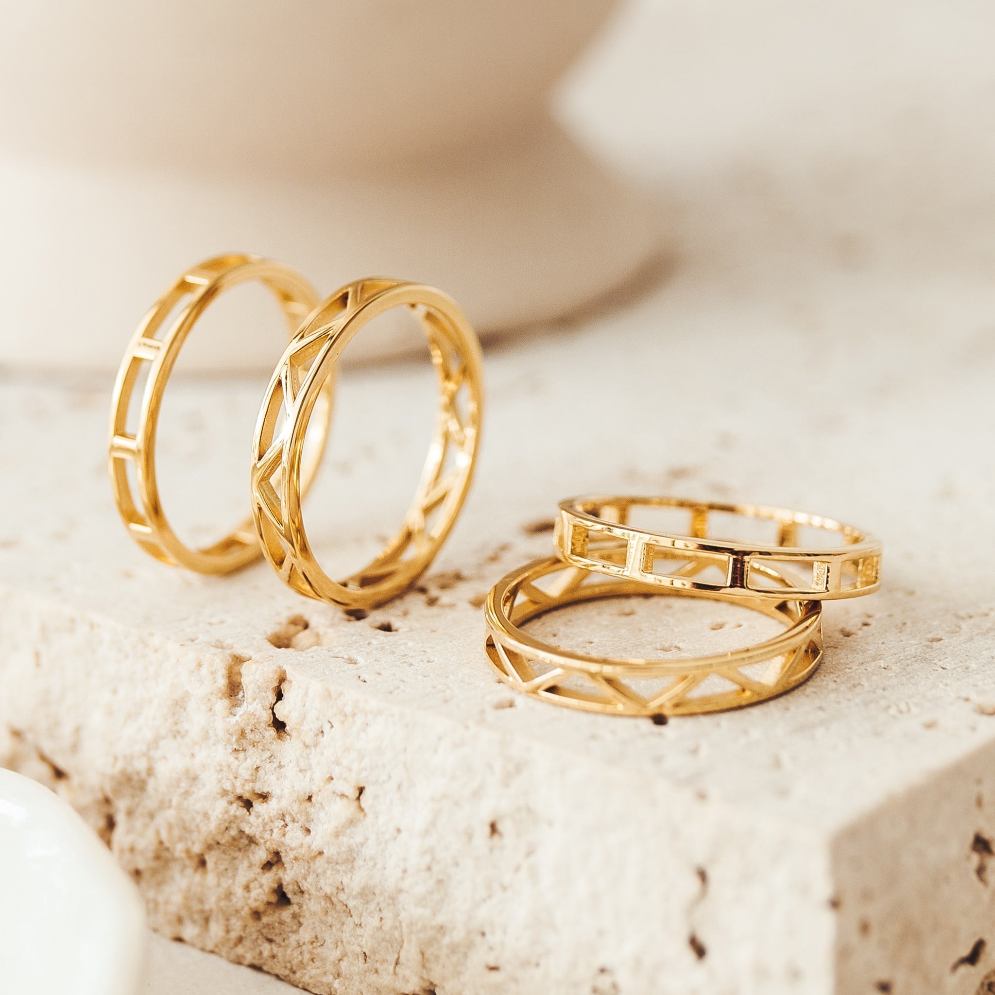14K Gold Symmetric Triangle Pattern Statement Ring