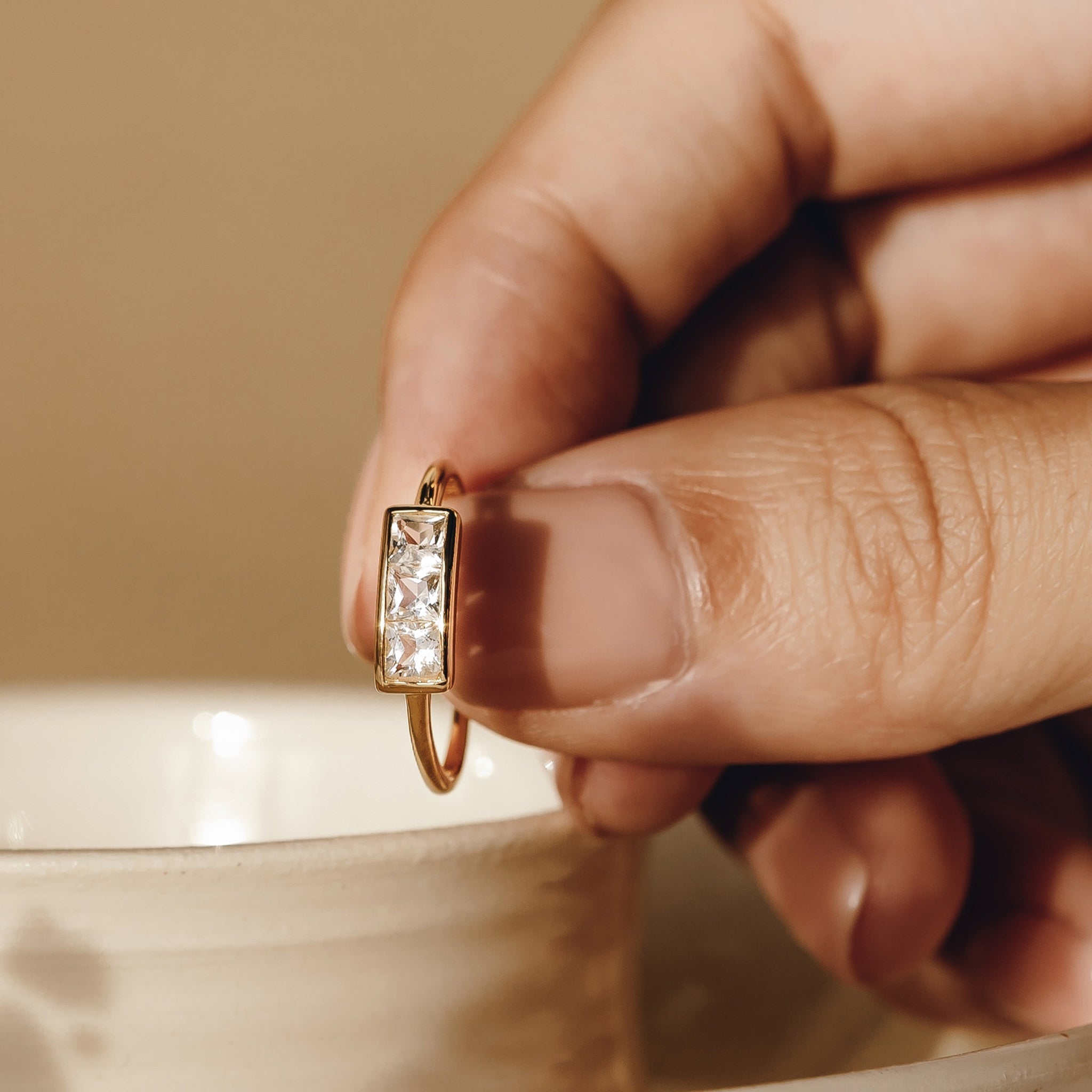 14K Gold Triple Square White Topaz Stacking Ring