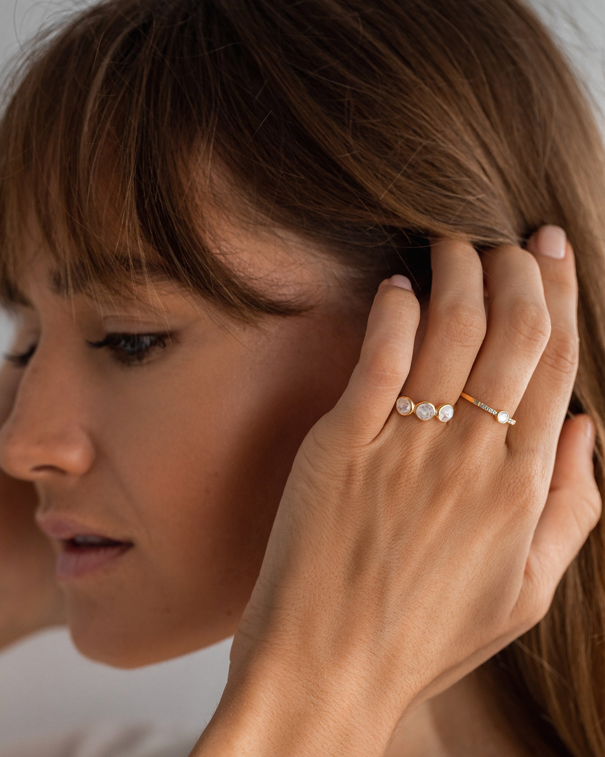14K Gold Triple Rainbow Moonstone Band Ring