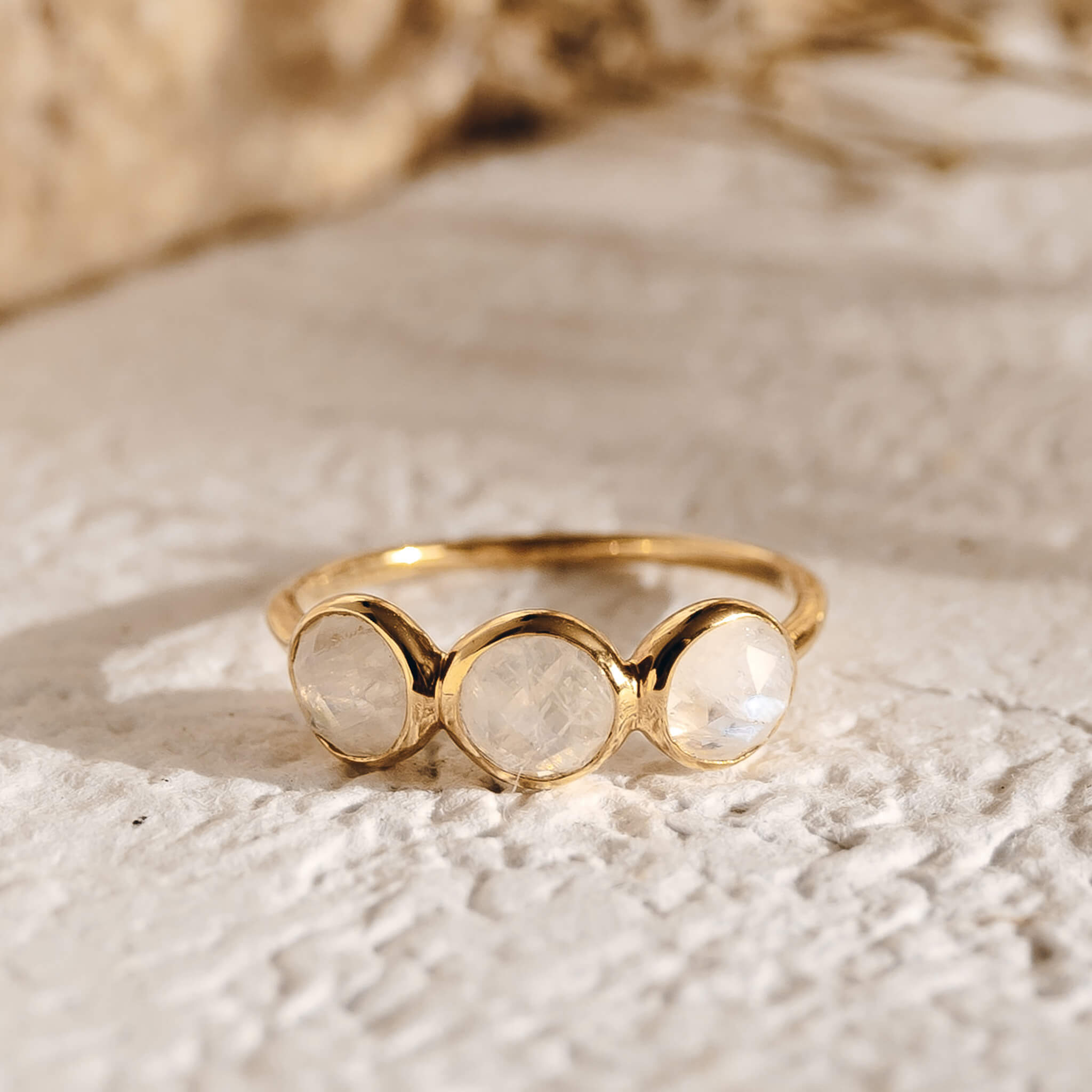 14K Gold Triple Rainbow Moonstone Band Ring