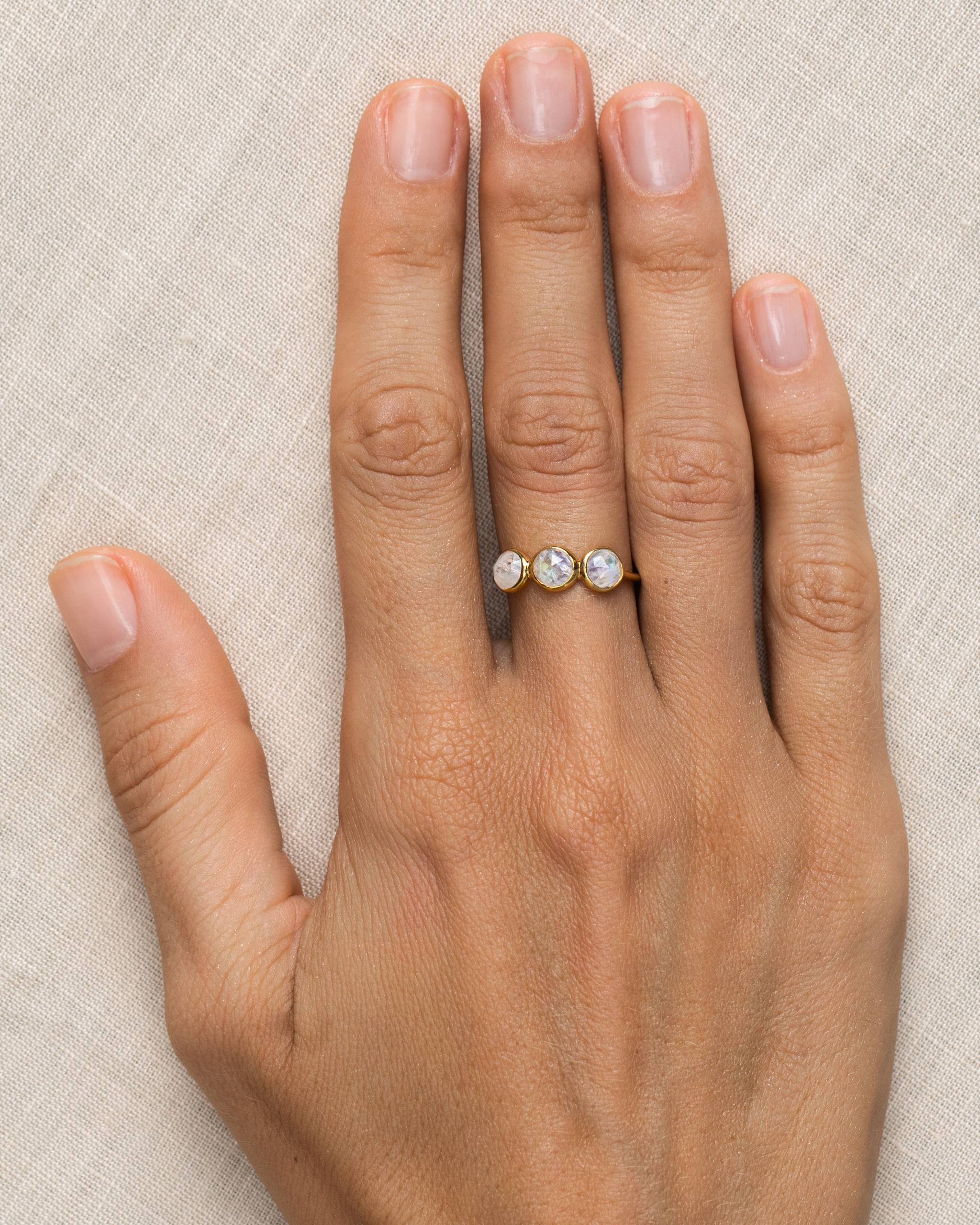 14K Gold Triple Rainbow Moonstone Band Ring