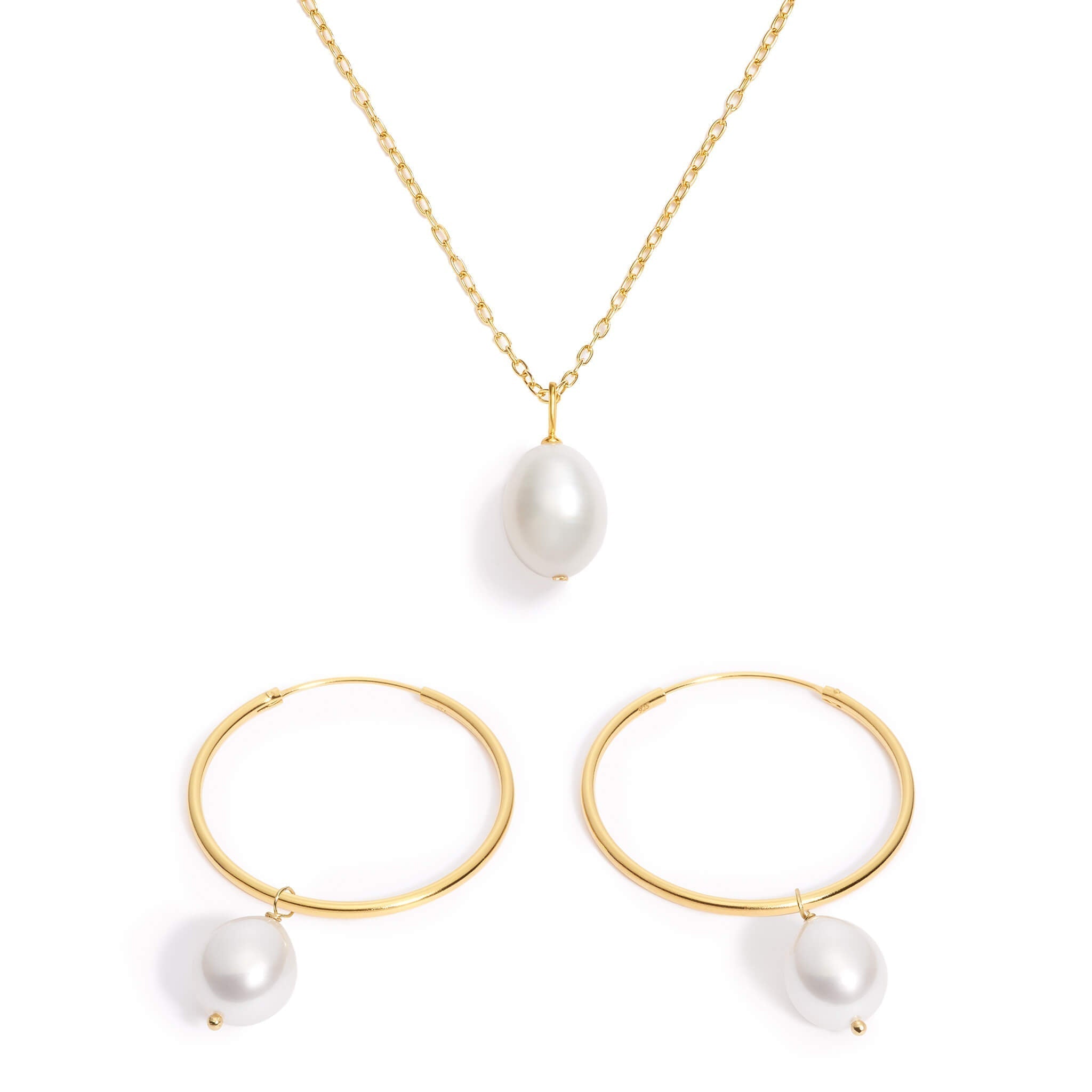 14K Gold Baroque Pearl Jewelry Set - Necklace & Hoop Earrings