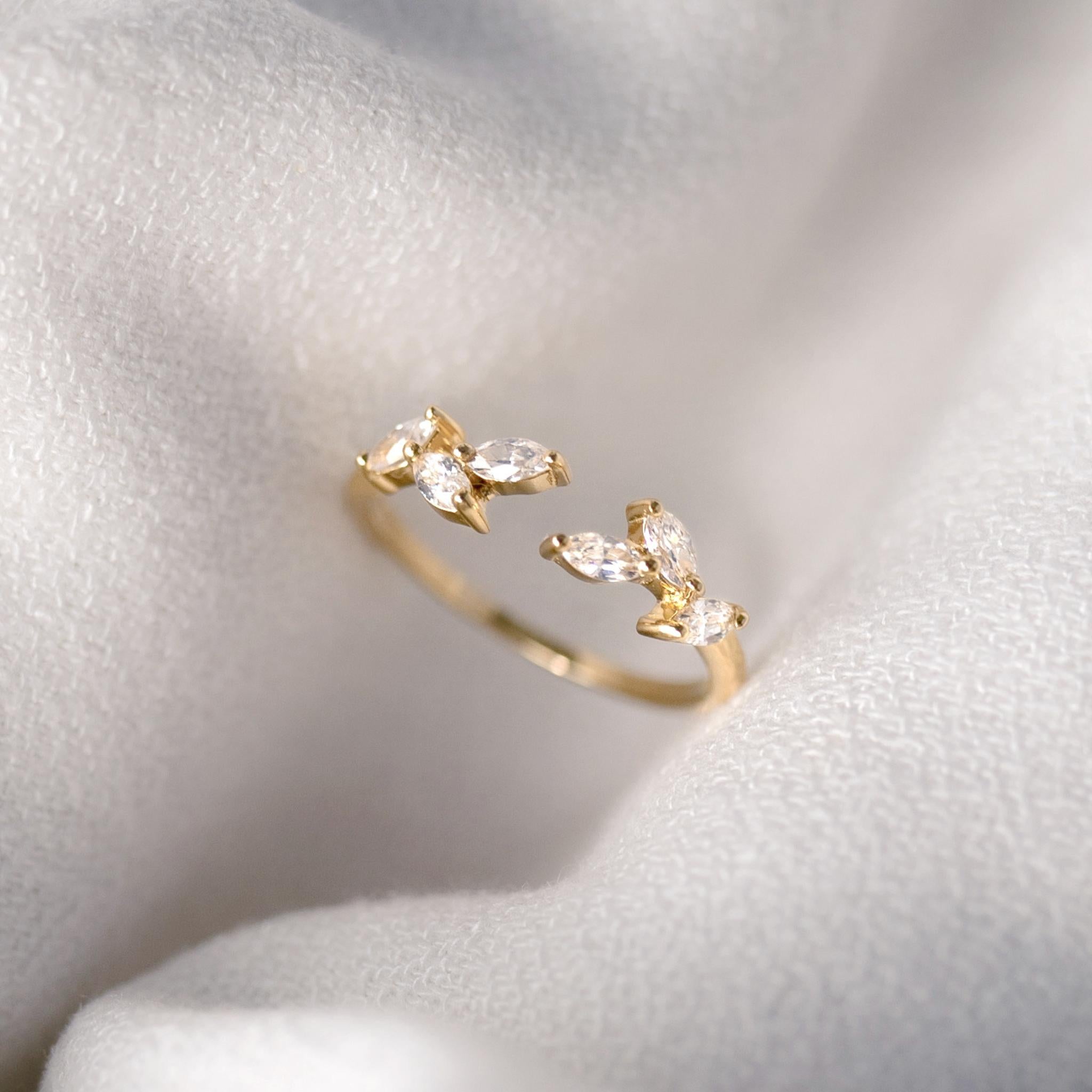 14K Gold Marquise Cubic Zirconia Laurel Open Ring