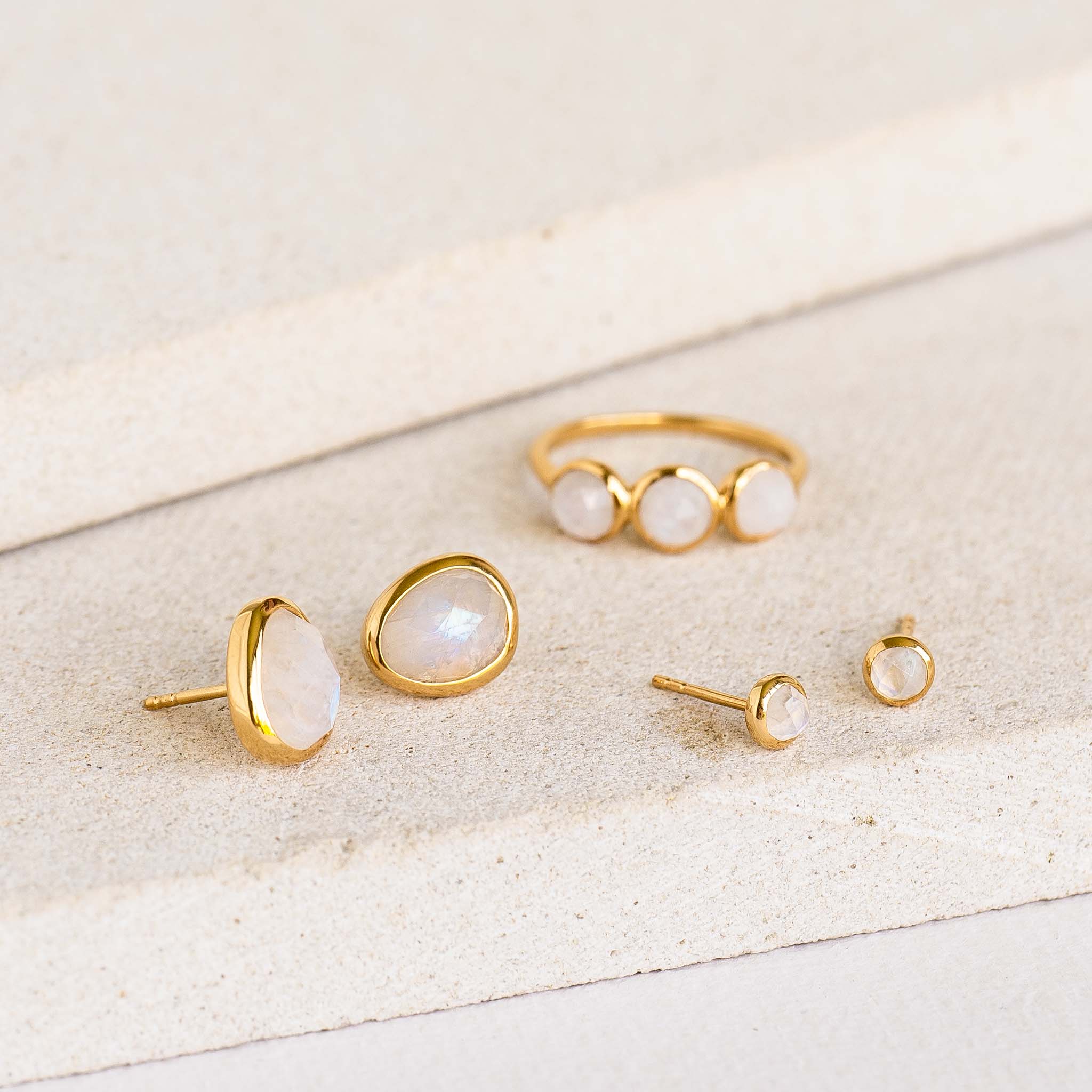 14K Gold Lunar Halo Moonstone Stud Earrings