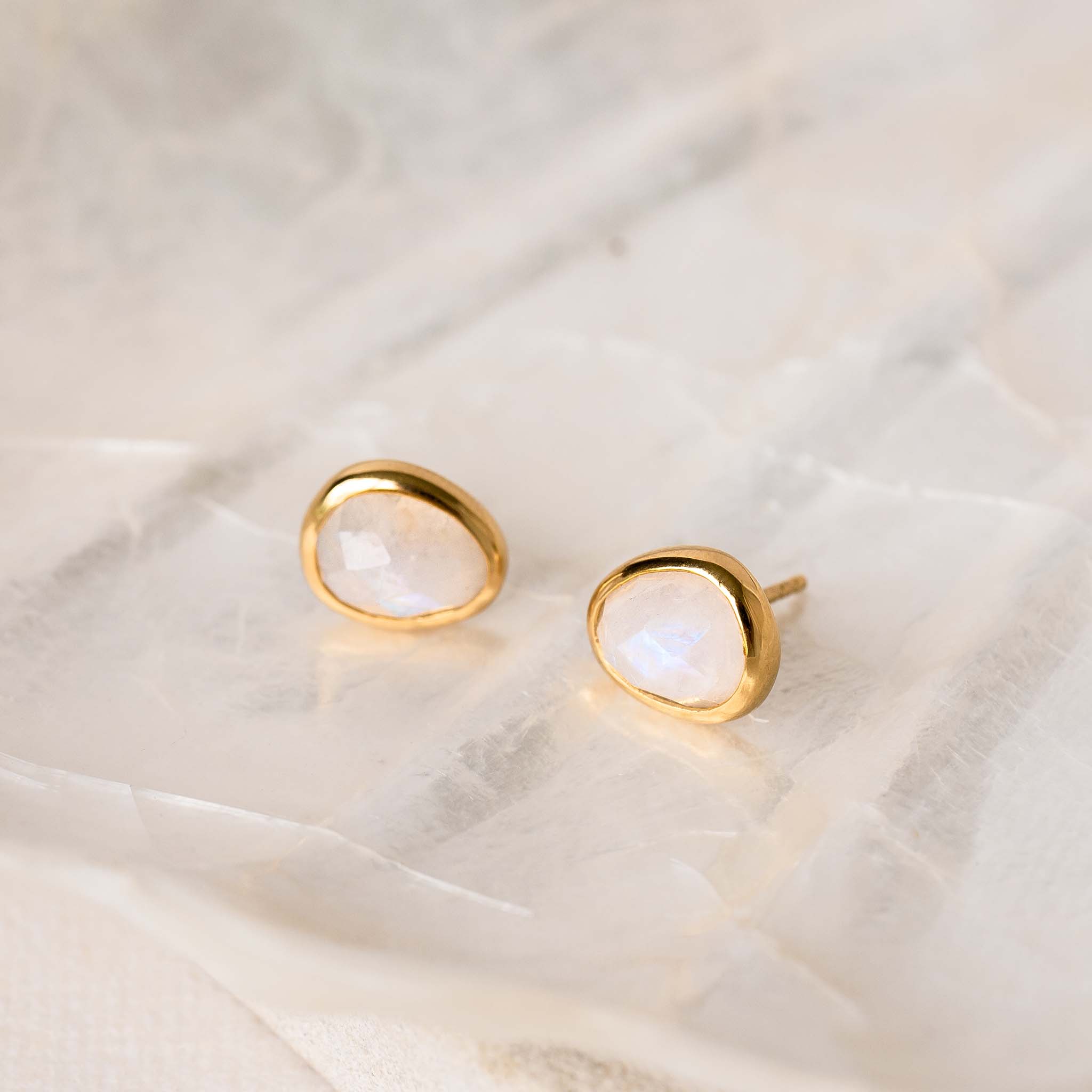 14K Gold Lunar Halo Moonstone Stud Earrings