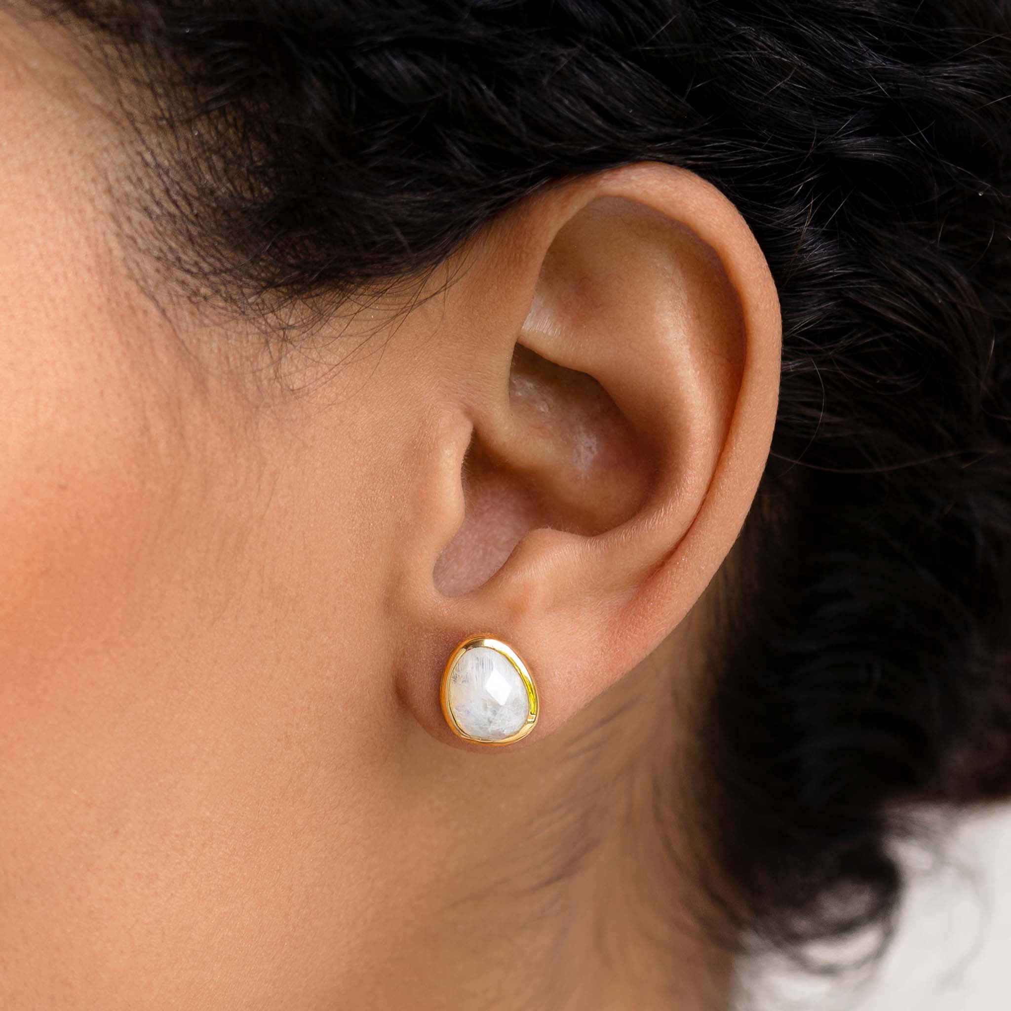 14K Gold Lunar Halo Moonstone Stud Earrings