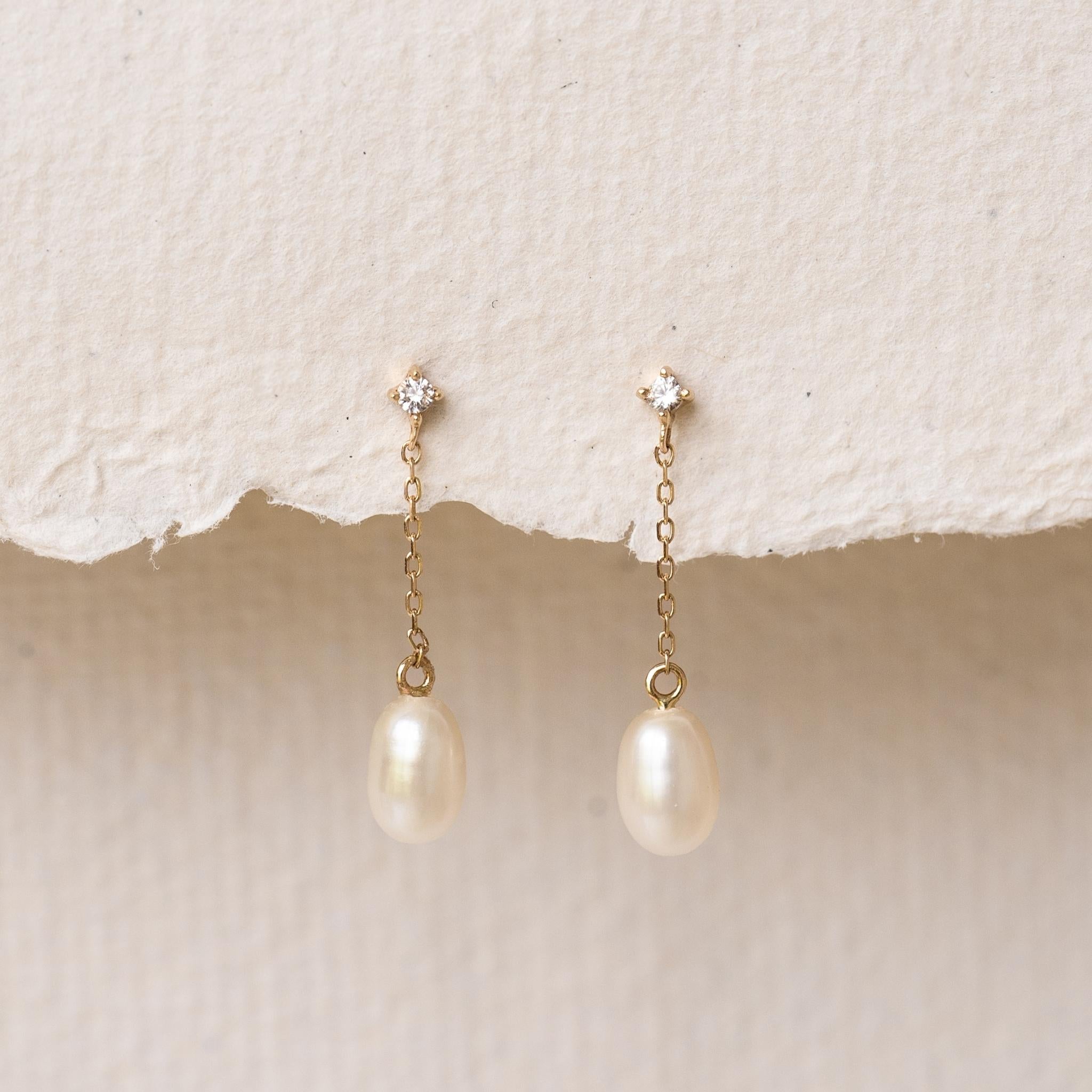 14K Gold Luminous Dewdrop Pearl & Sapphire Earrings