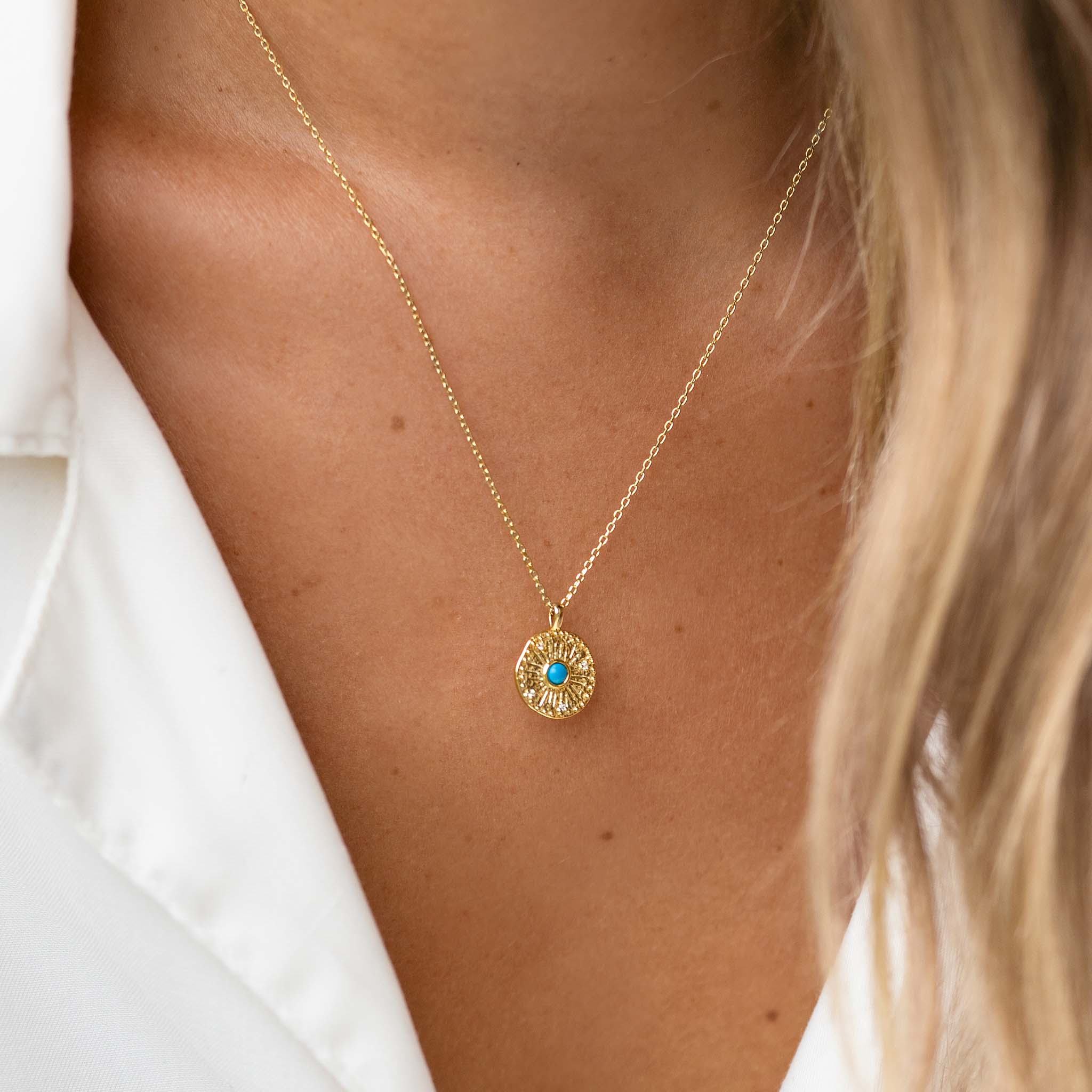 14K Gold Turquoise Coin Pendant Necklace