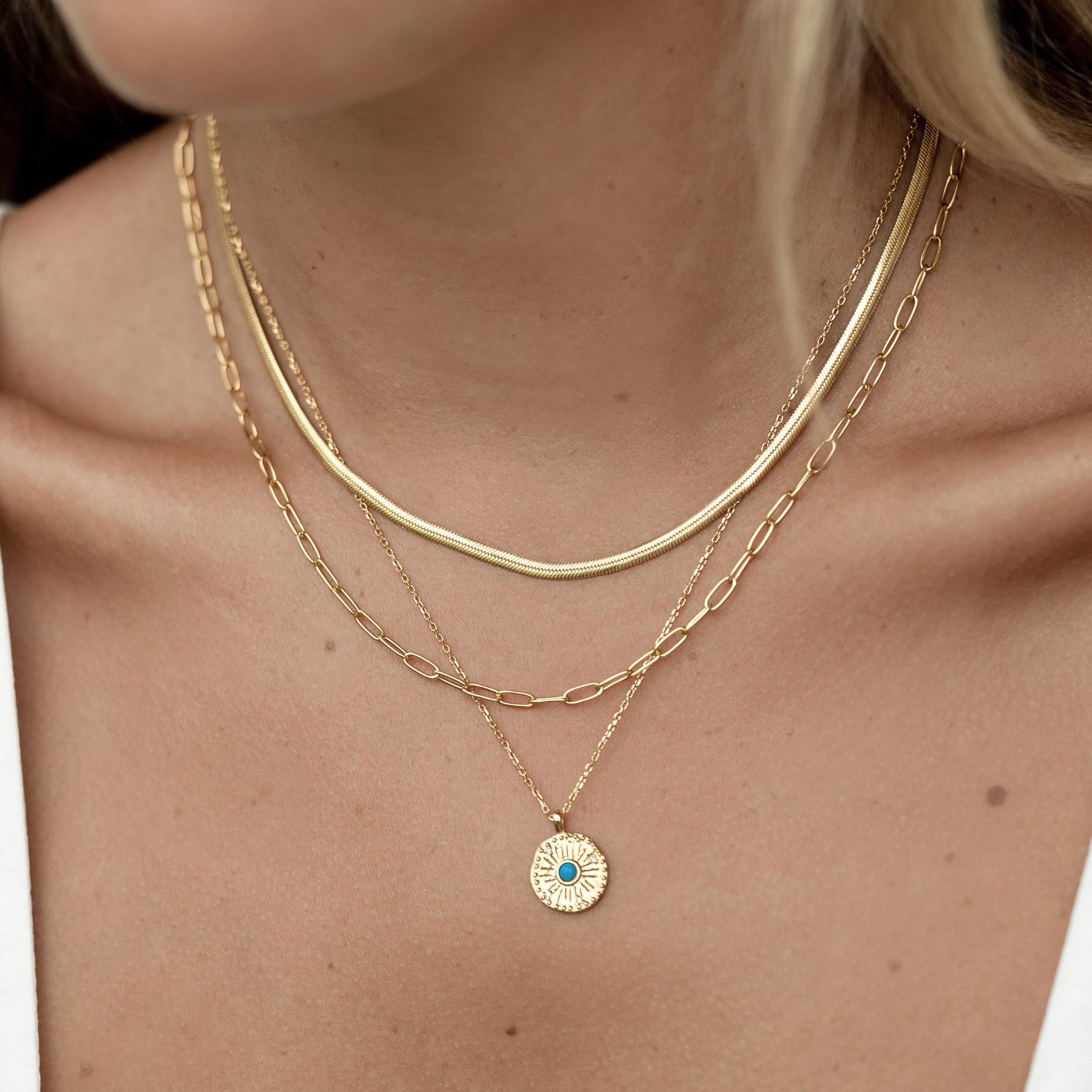 14K Gold Turquoise Coin Pendant Necklace