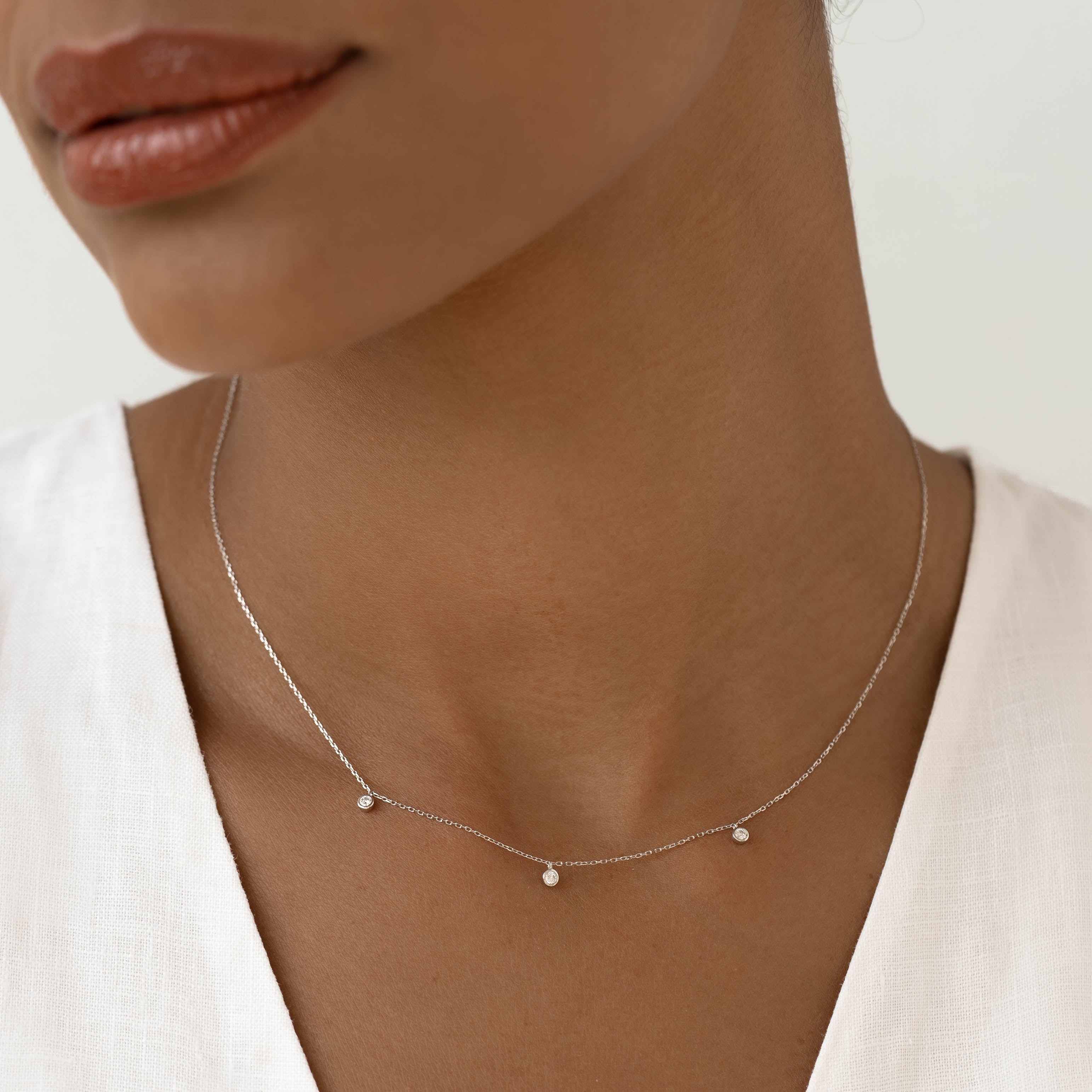 14K White Gold Three-Diamond Necklace
