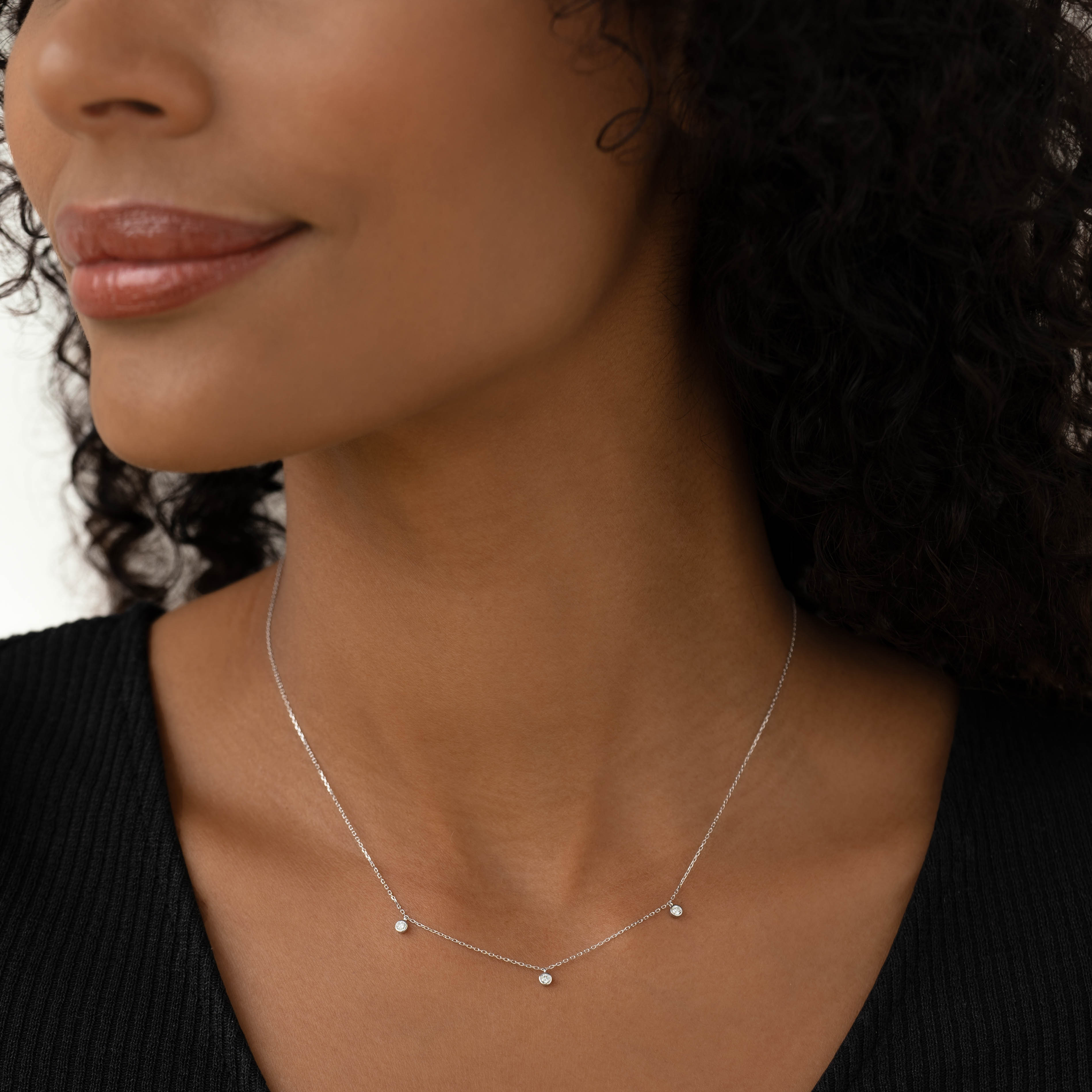 14K White Gold Three-Diamond Necklace