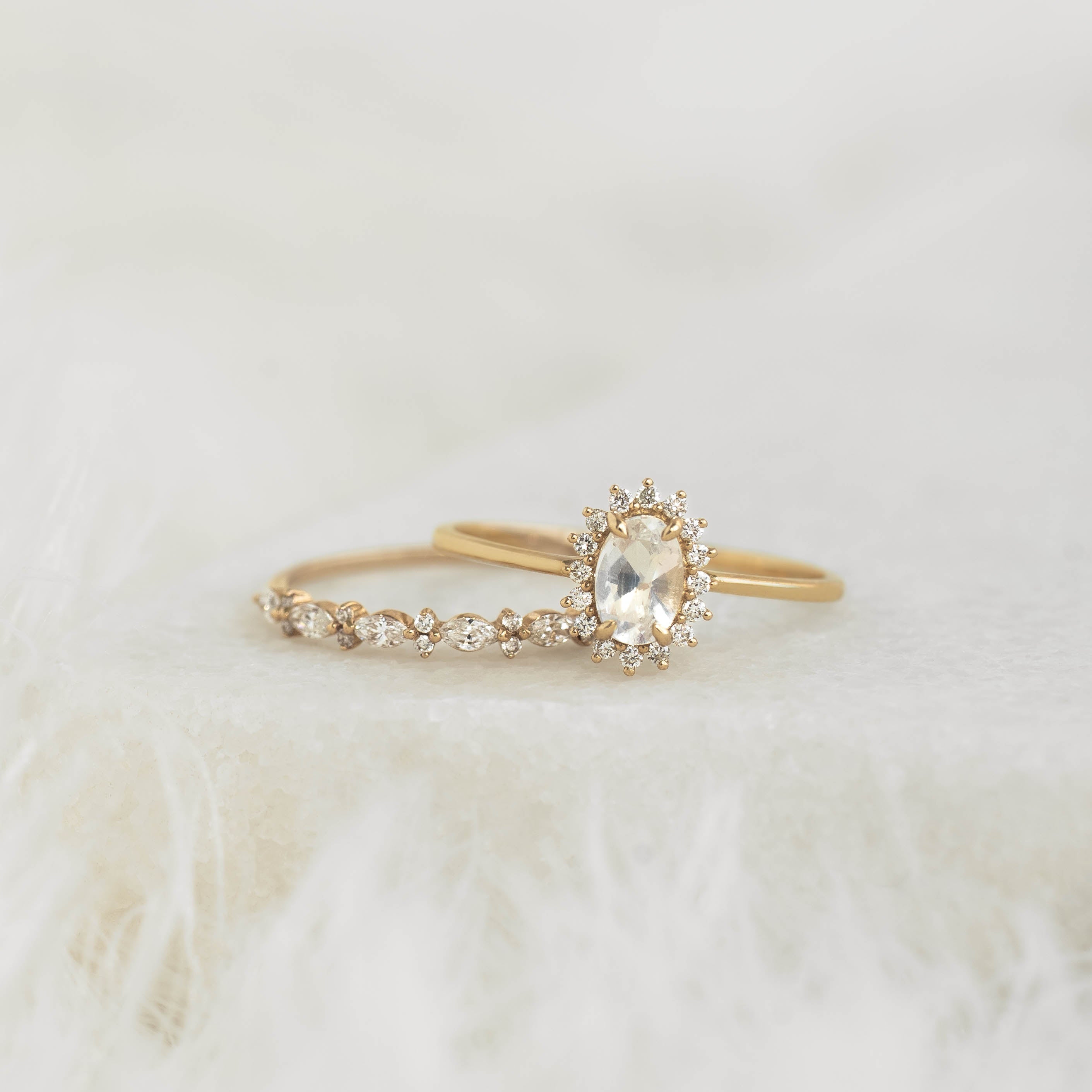 14K Gold Oval Rainbow Moonstone Diamond Halo Ring