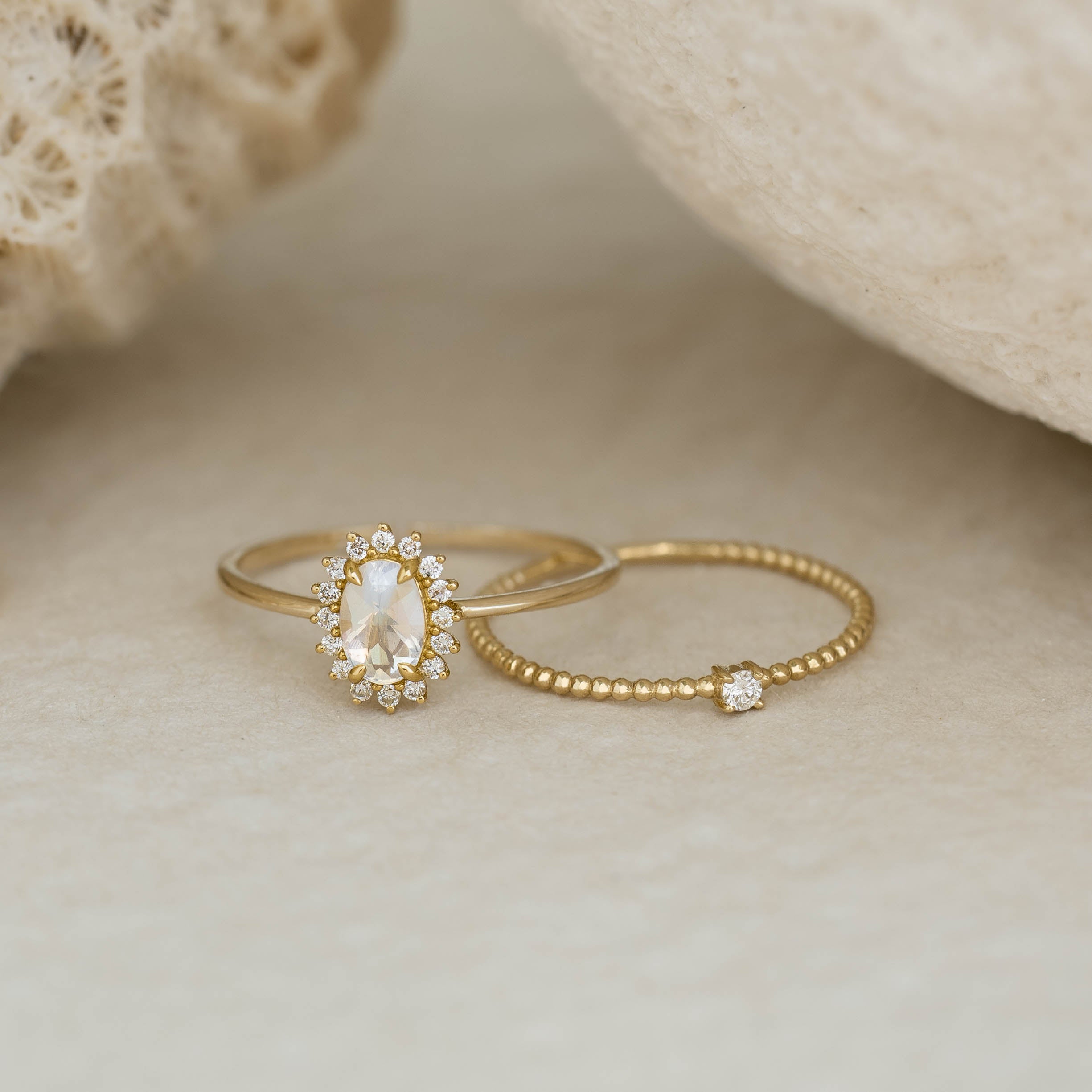 14K Gold Oval Rainbow Moonstone Diamond Halo Ring