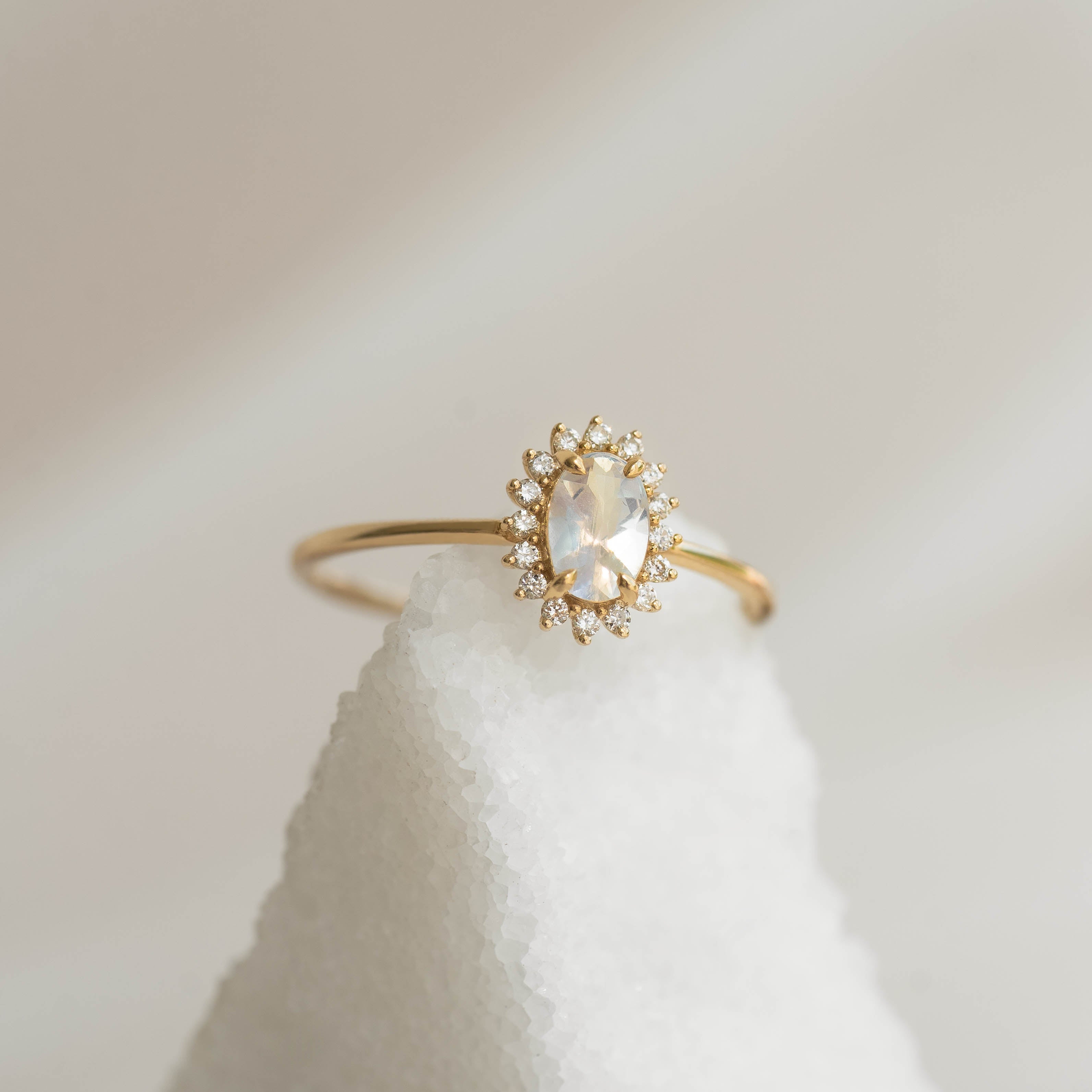 14K Gold Oval Rainbow Moonstone Diamond Halo Ring