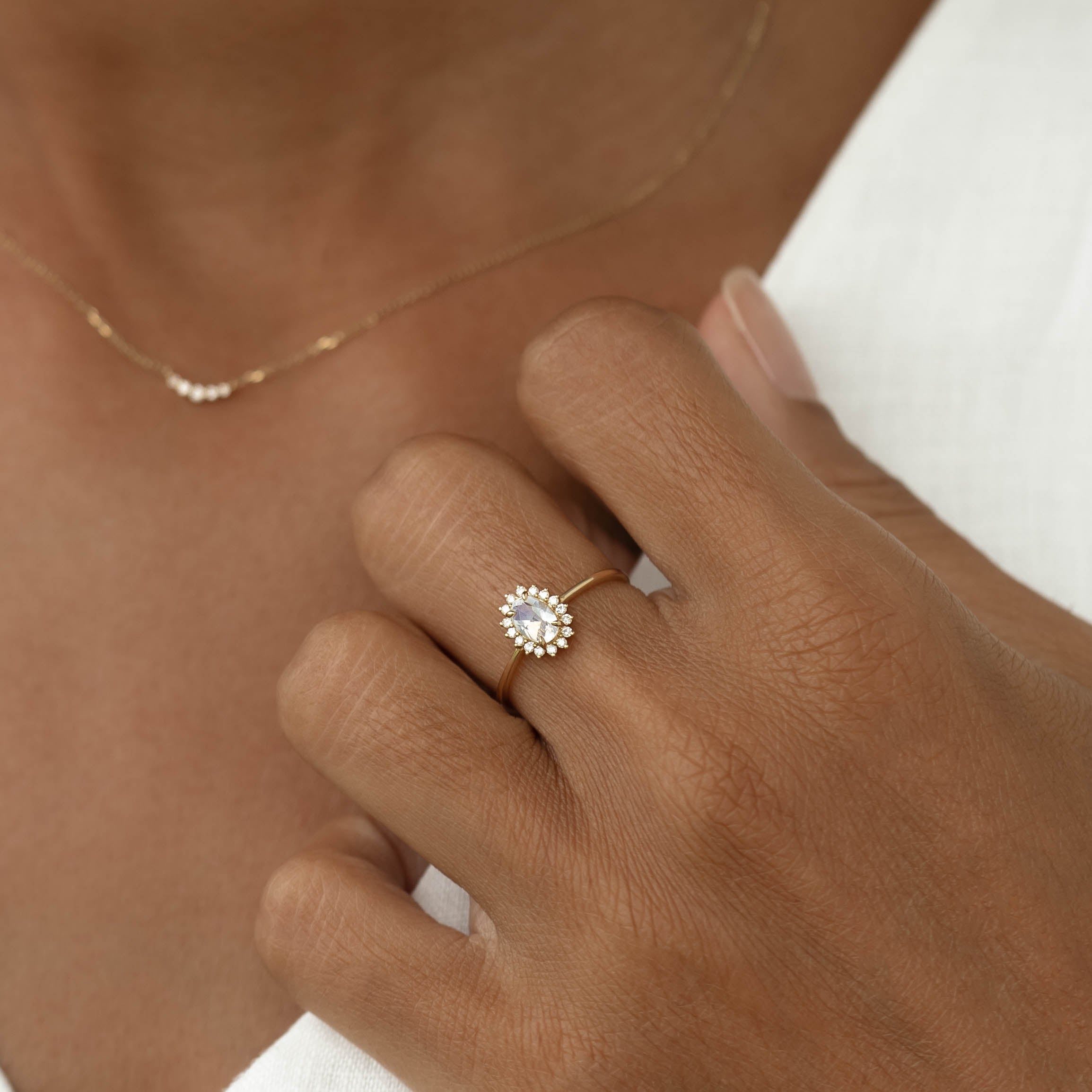 14K Gold Oval Rainbow Moonstone Diamond Halo Ring