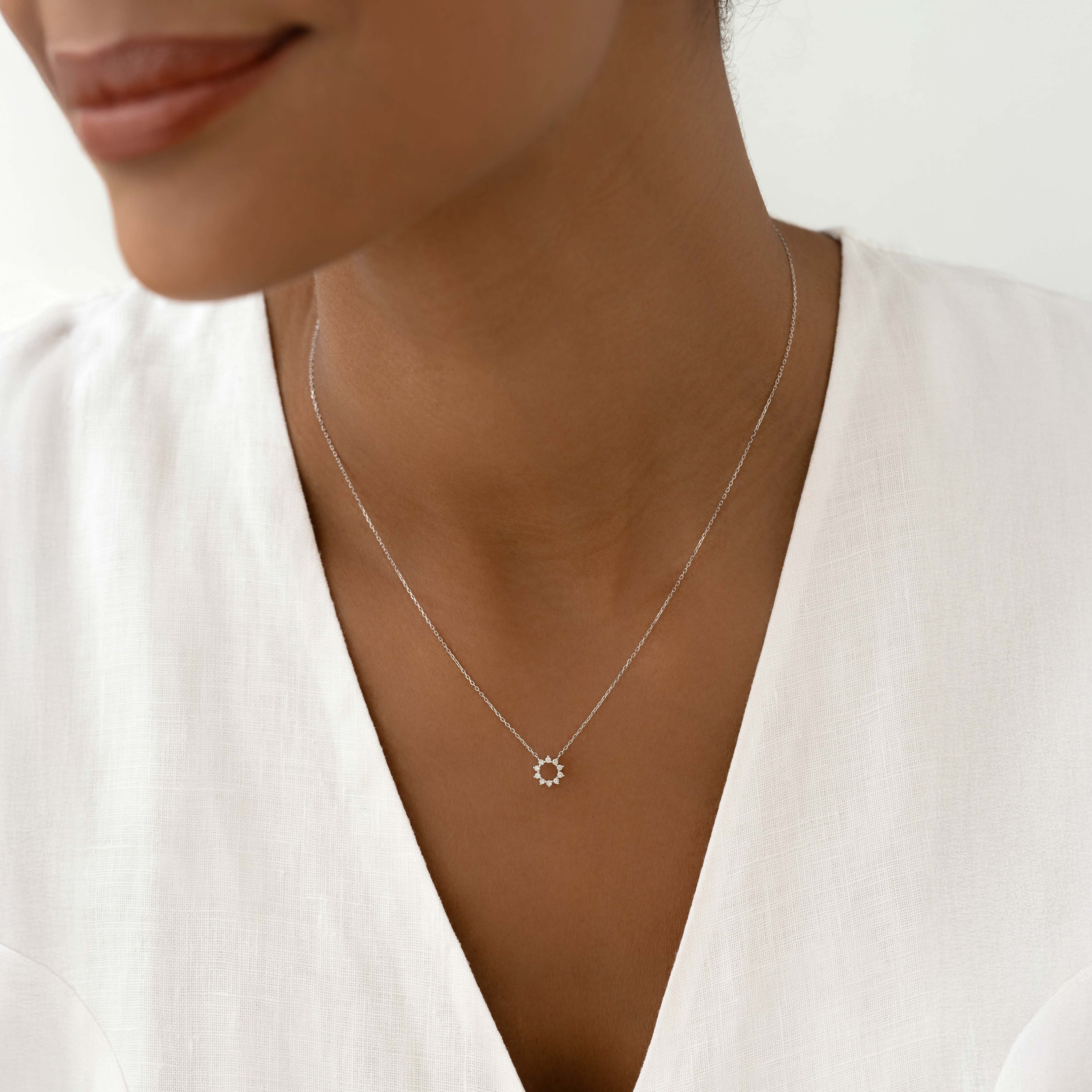 14K White Gold Radiant Sun Diamond Necklace