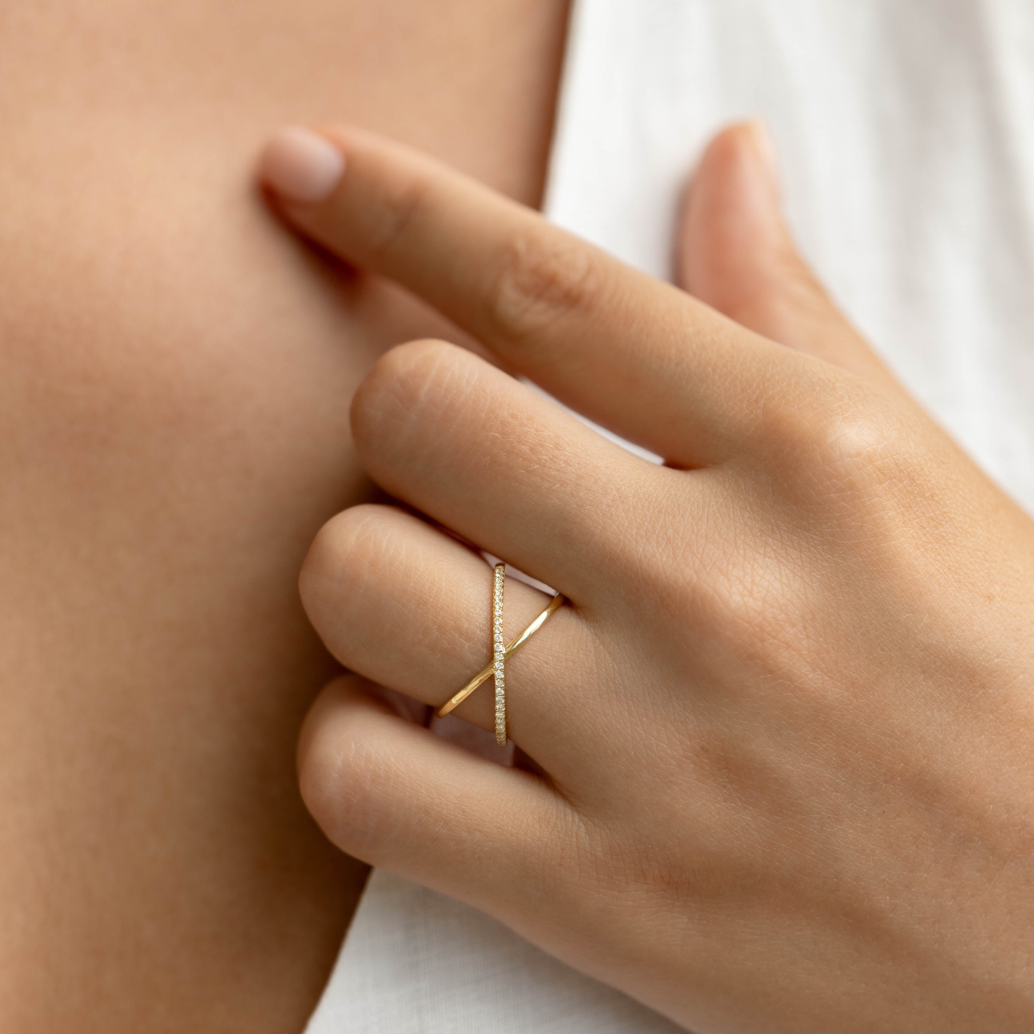 14K Gold Criss-Cross Half Eternity Diamond Ring