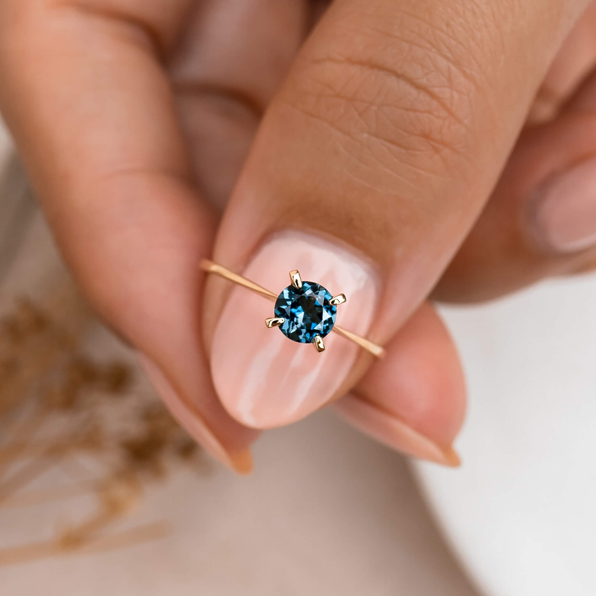 14K Gold Round London Blue Topaz Solitaire Ring