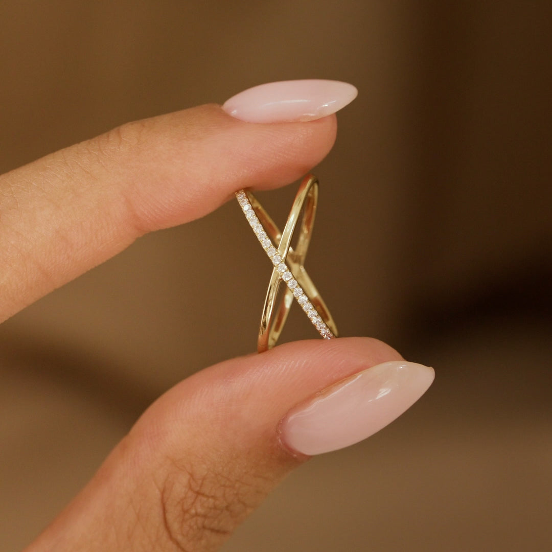14K Gold Criss-Cross Half Eternity Diamond Ring