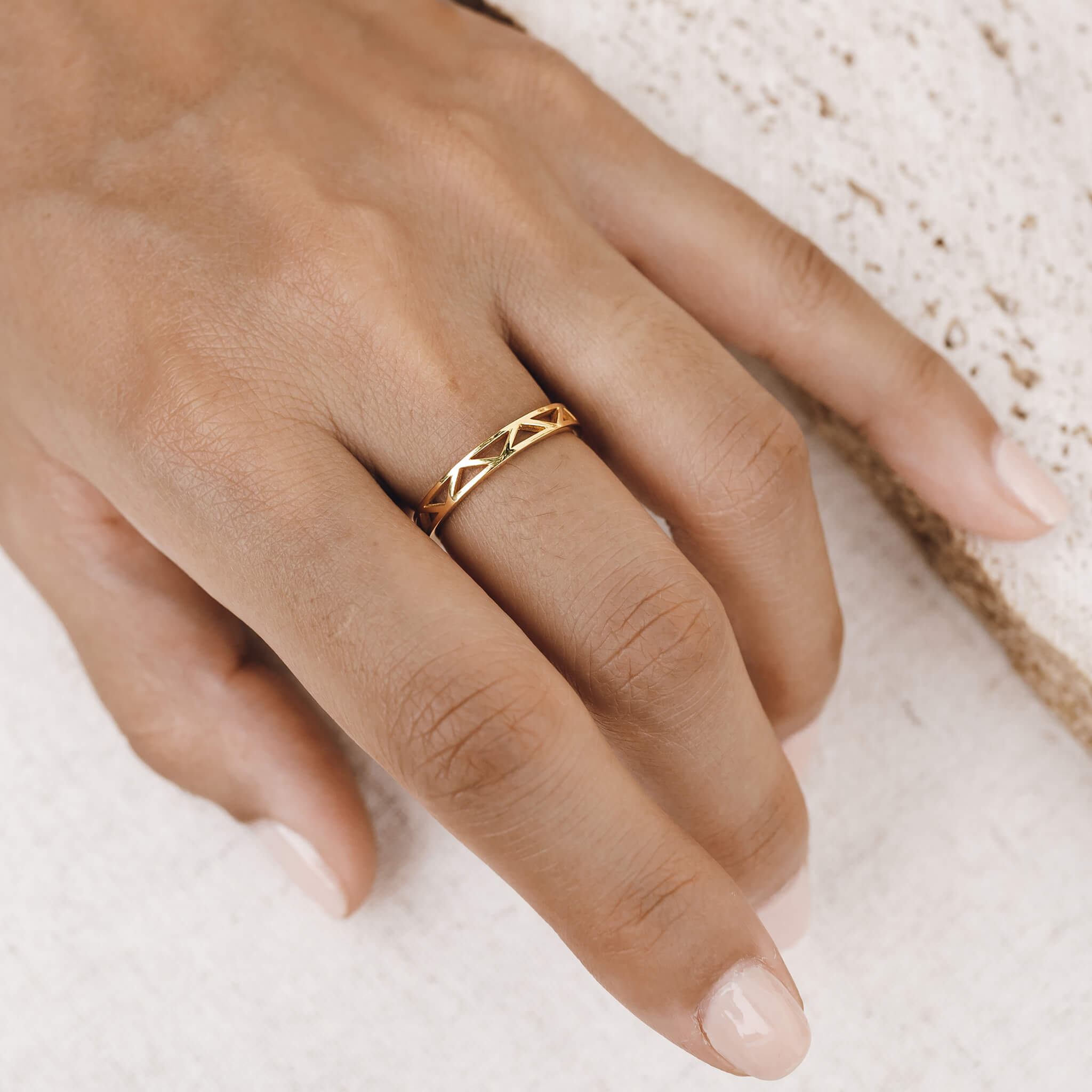 14K Gold Symmetric Triangle Pattern Statement Ring