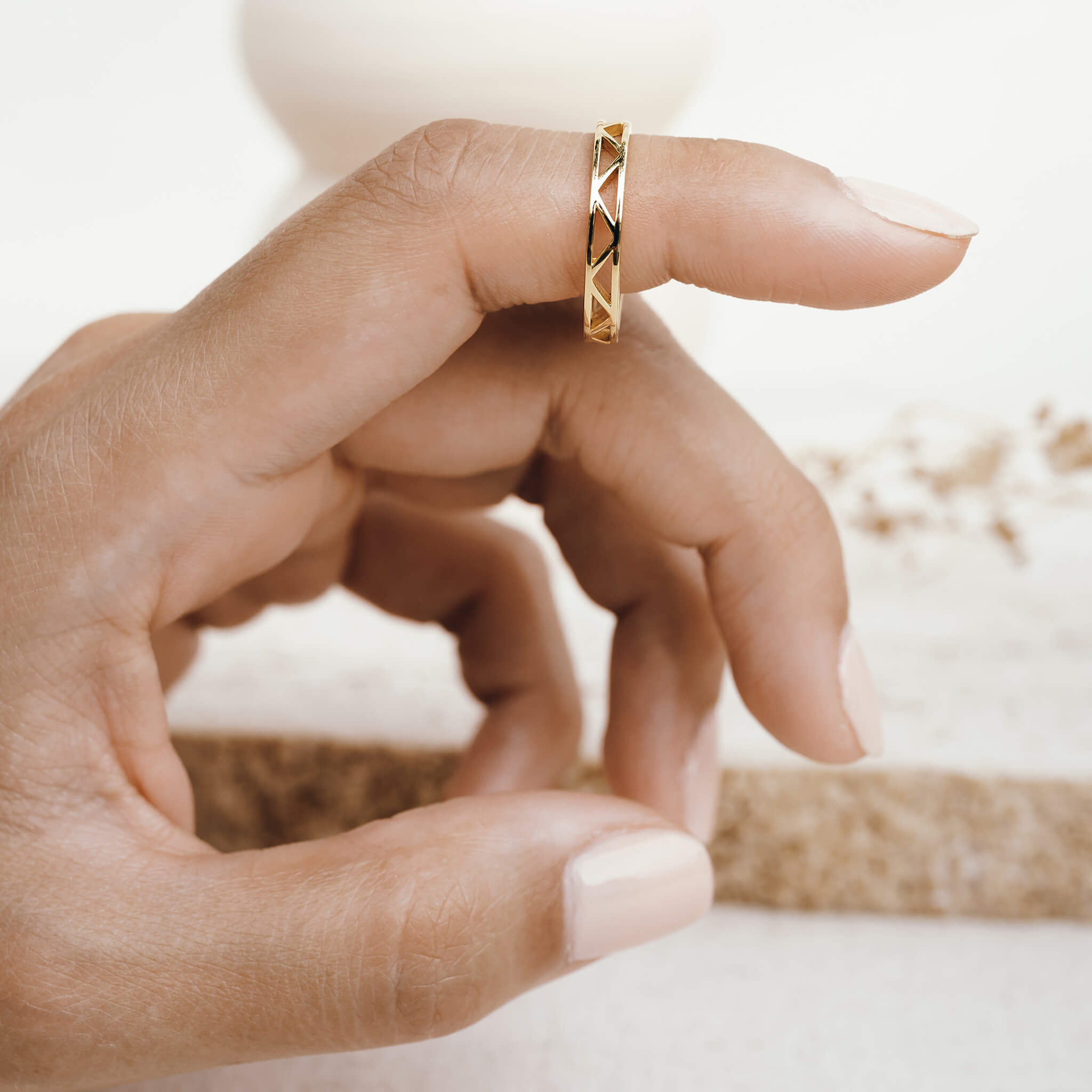 14K Gold Symmetric Triangle Pattern Statement Ring